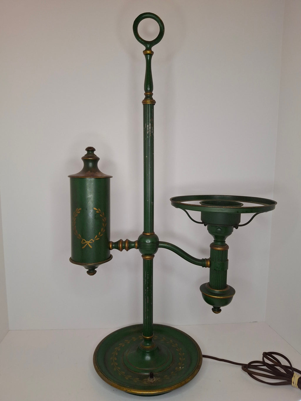 c. 1915 French Painted Tole Student Lamp Original Green & Gold, Fully Adjustable
