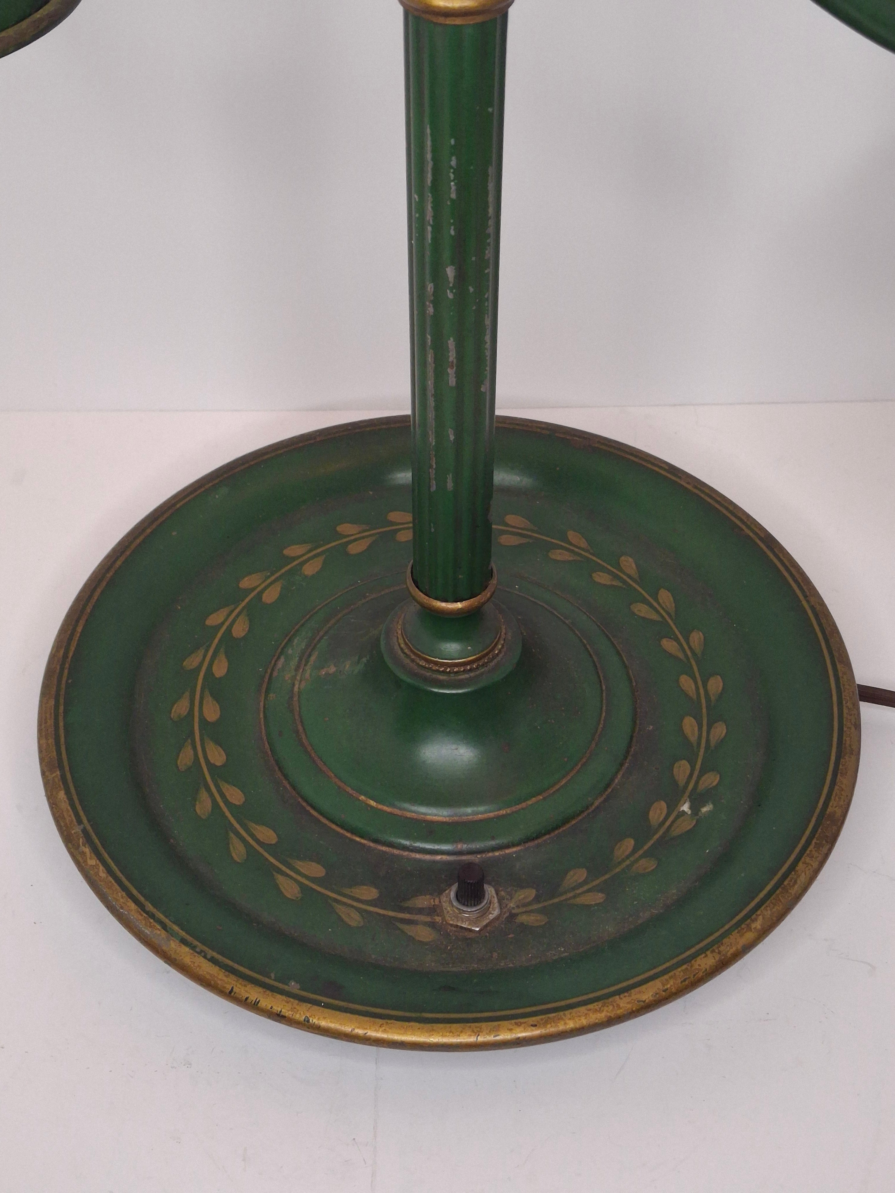 c. 1915 French Painted Tole Student Lamp Original Green & Gold, Fully Adjustable
