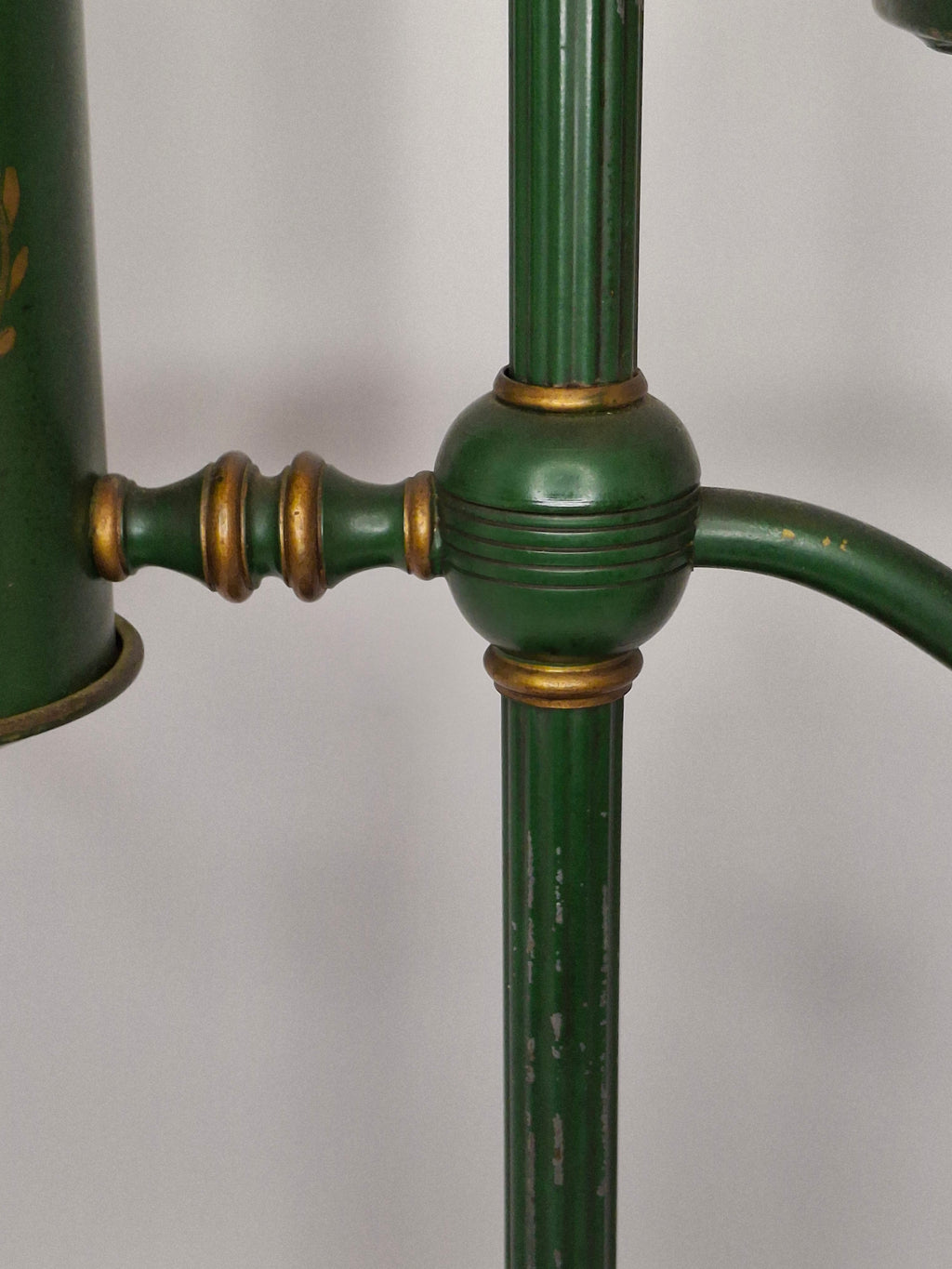 c. 1915 French Painted Tole Student Lamp Original Green & Gold, Fully Adjustable