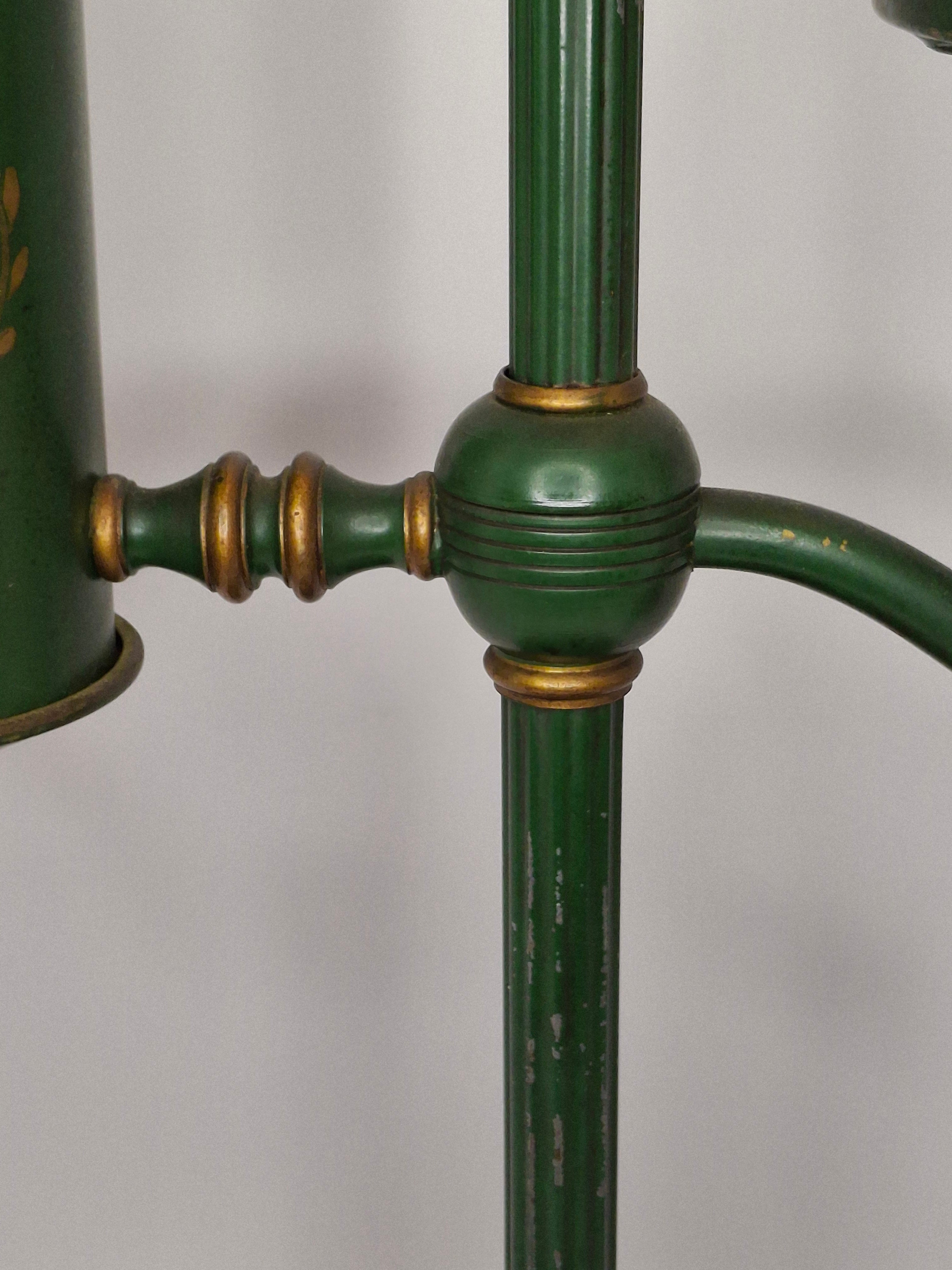 c. 1915 French Painted Tole Student Lamp Original Green & Gold, Fully Adjustable