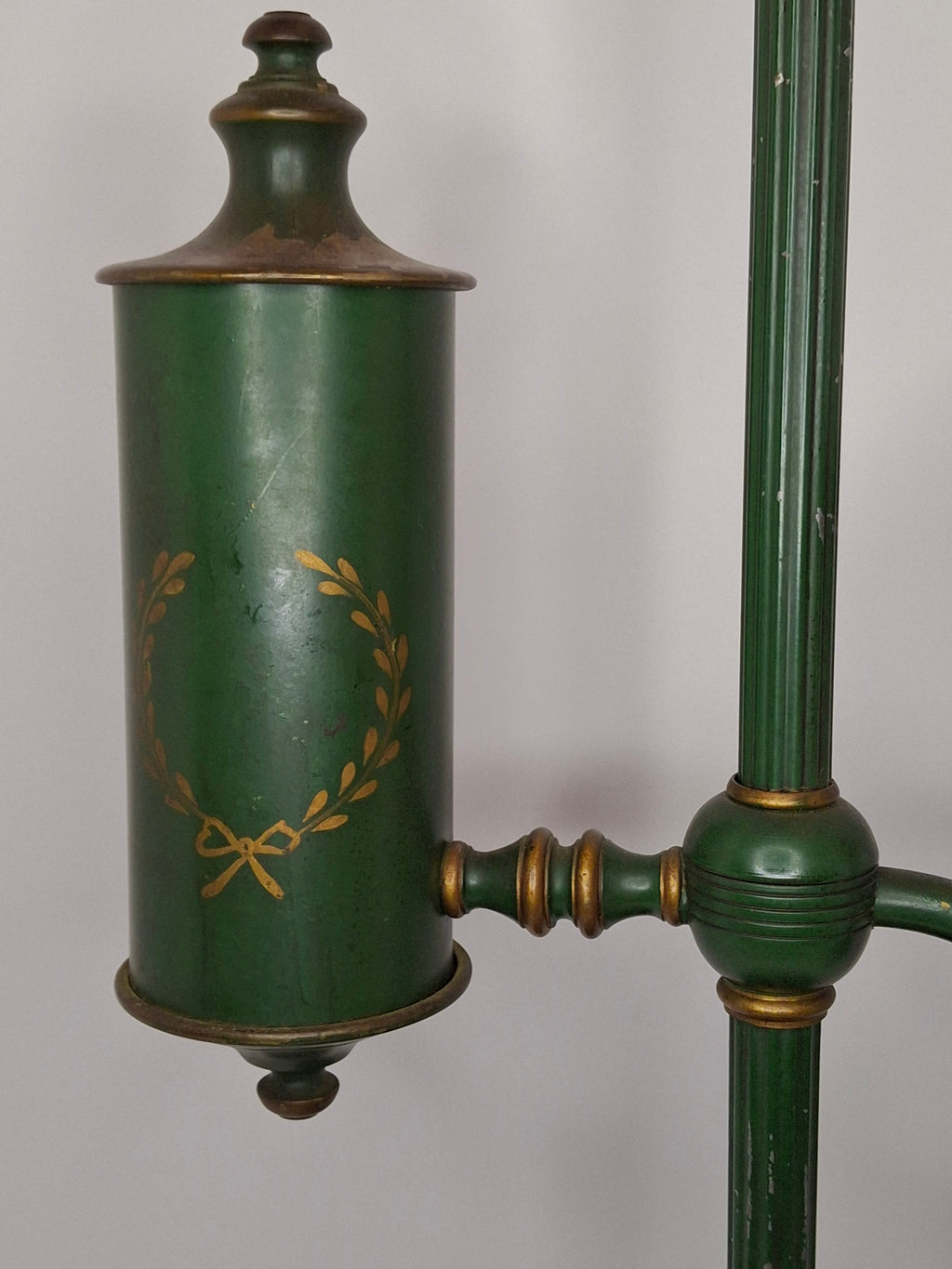 c. 1915 French Painted Tole Student Lamp Original Green & Gold, Fully Adjustable