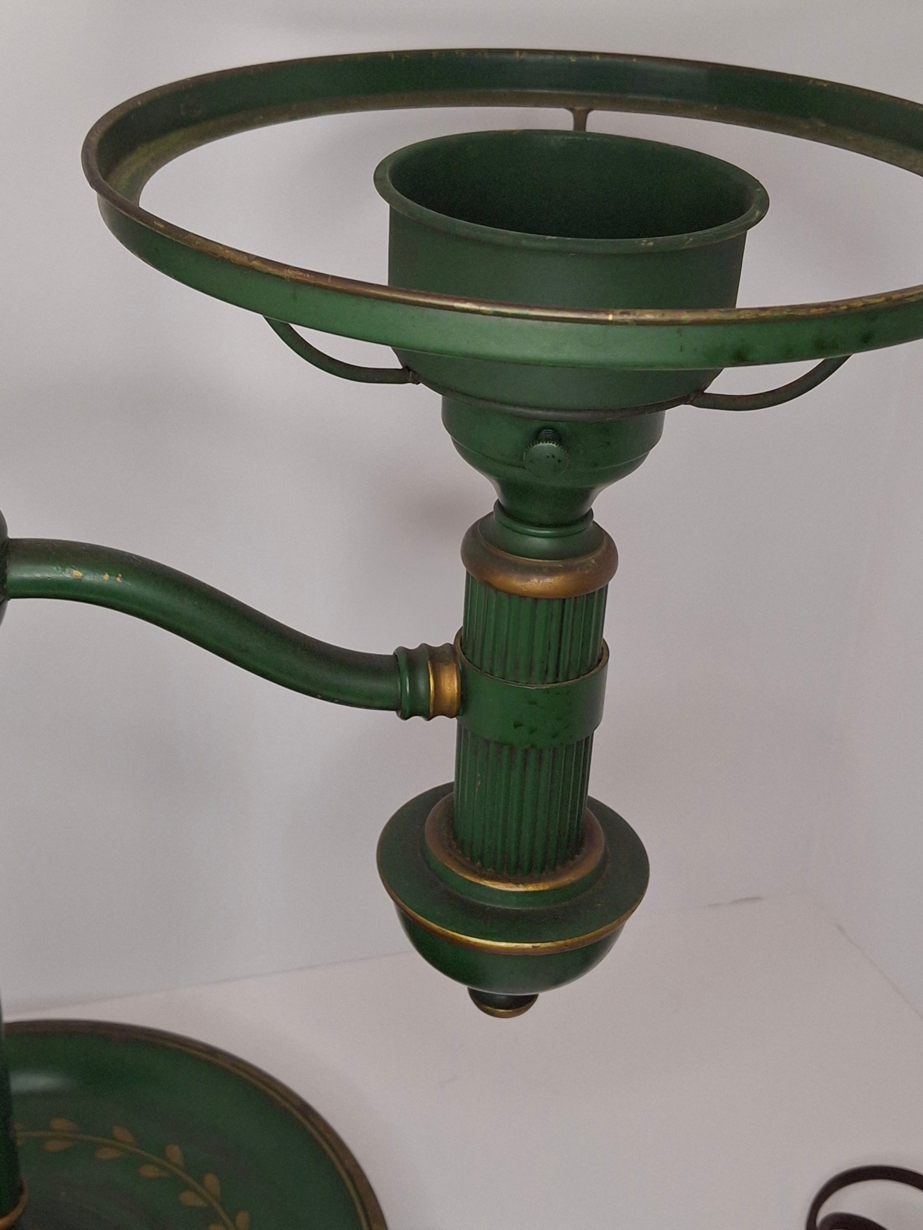 c. 1915 French Painted Tole Student Lamp Original Green & Gold, Fully Adjustable