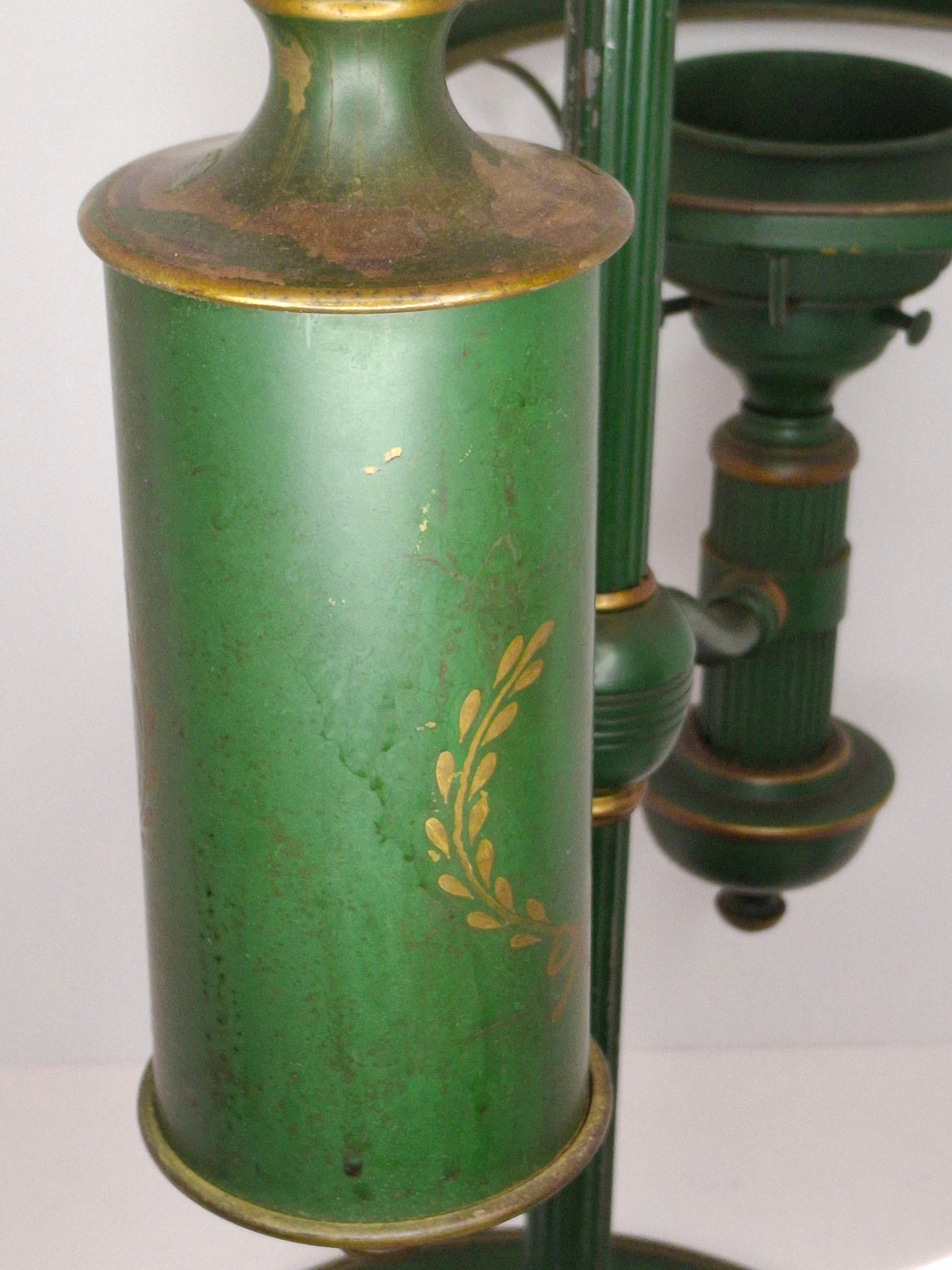 c. 1915 French Painted Tole Student Lamp Original Green & Gold, Fully Adjustable