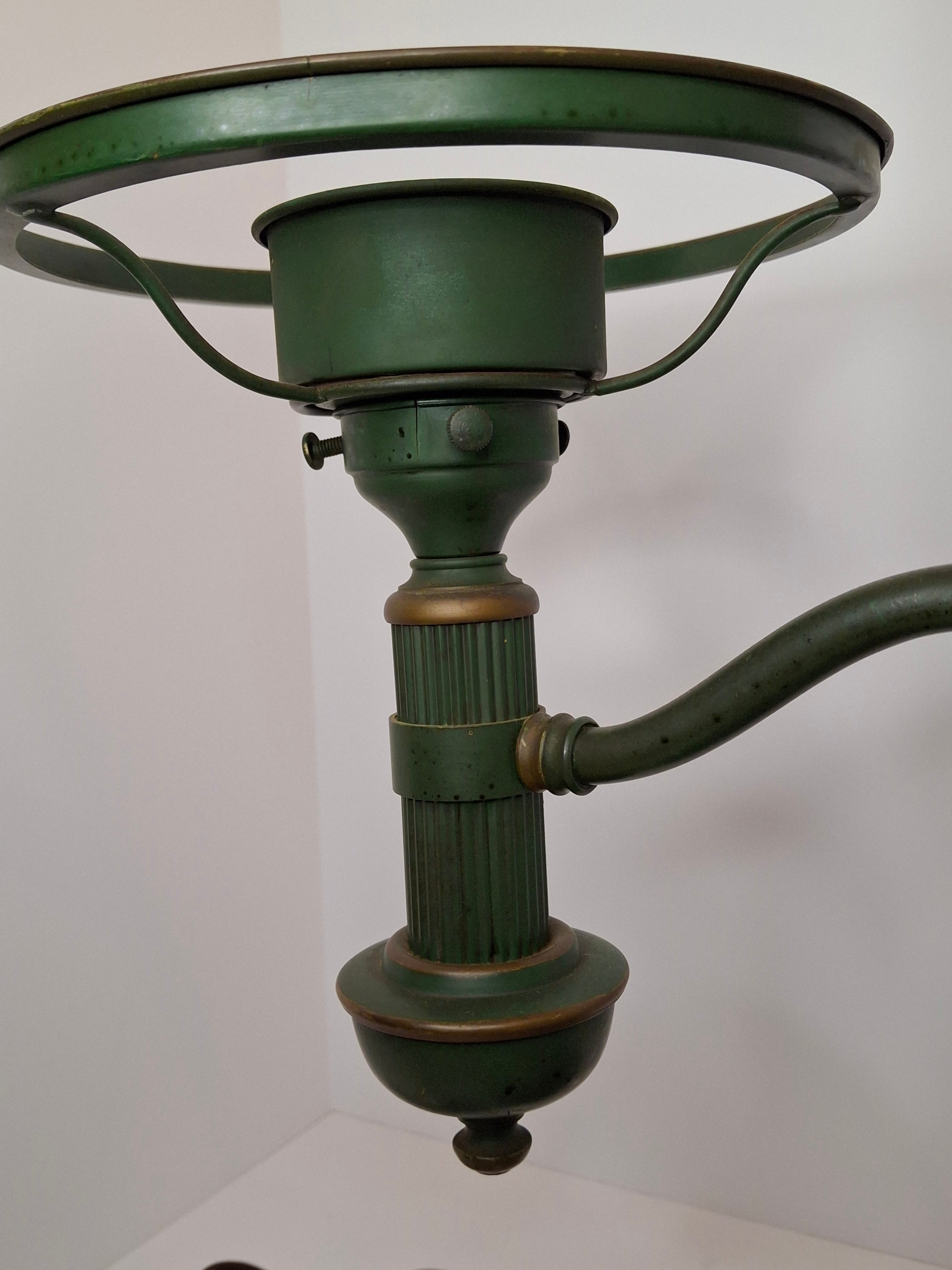 c. 1915 French Painted Tole Student Lamp Original Green & Gold, Fully Adjustable