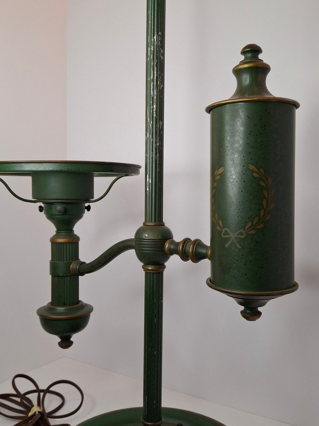 c. 1915 French Painted Tole Student Lamp Original Green & Gold, Fully Adjustable