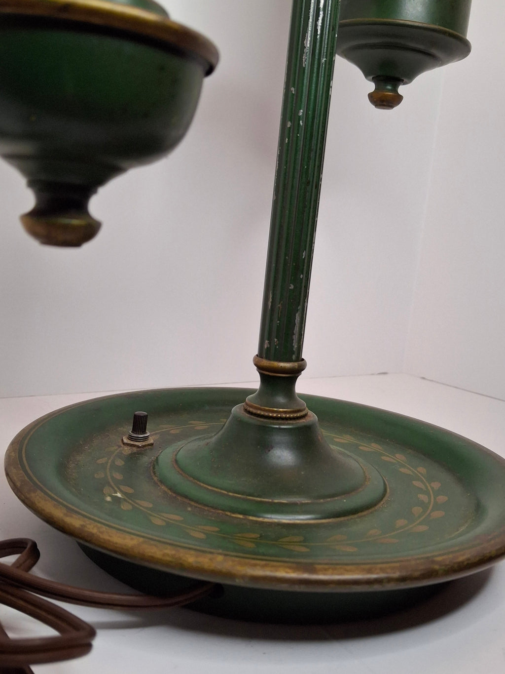 c. 1915 French Painted Tole Student Lamp Original Green & Gold, Fully Adjustable