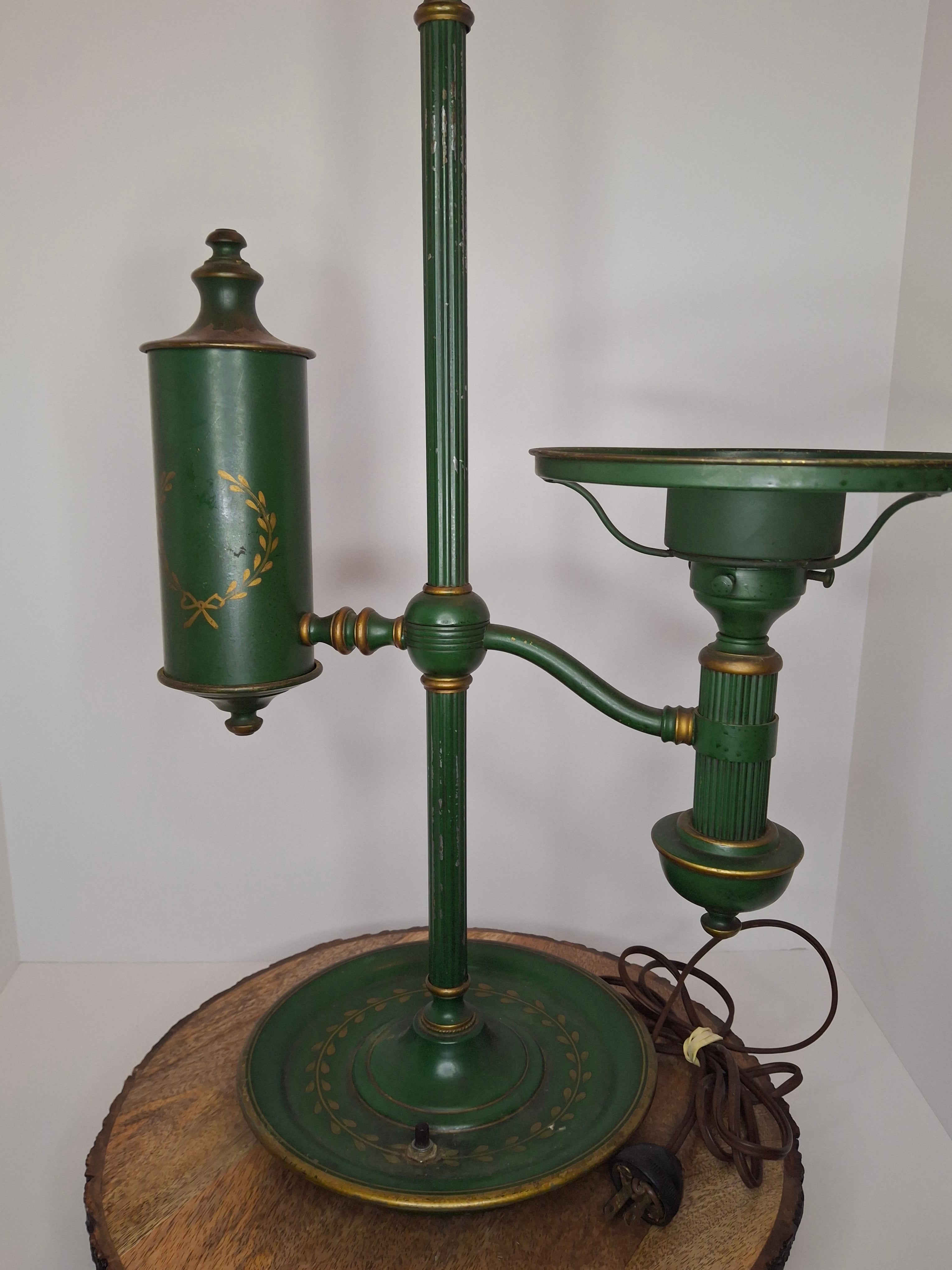 c. 1915 French Painted Tole Student Lamp Original Green & Gold, Fully Adjustable