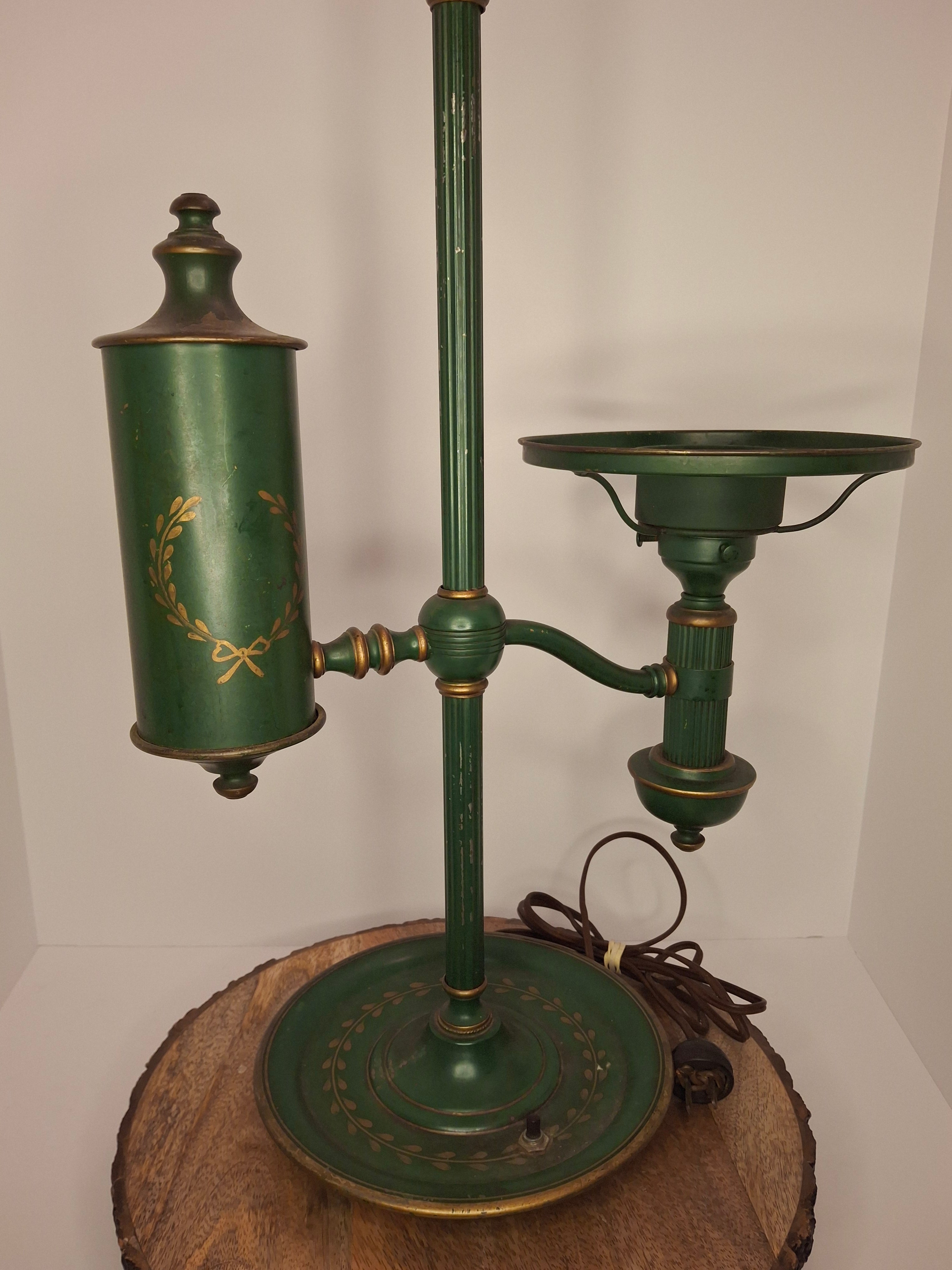 c. 1915 French Painted Tole Student Lamp Original Green & Gold, Fully Adjustable