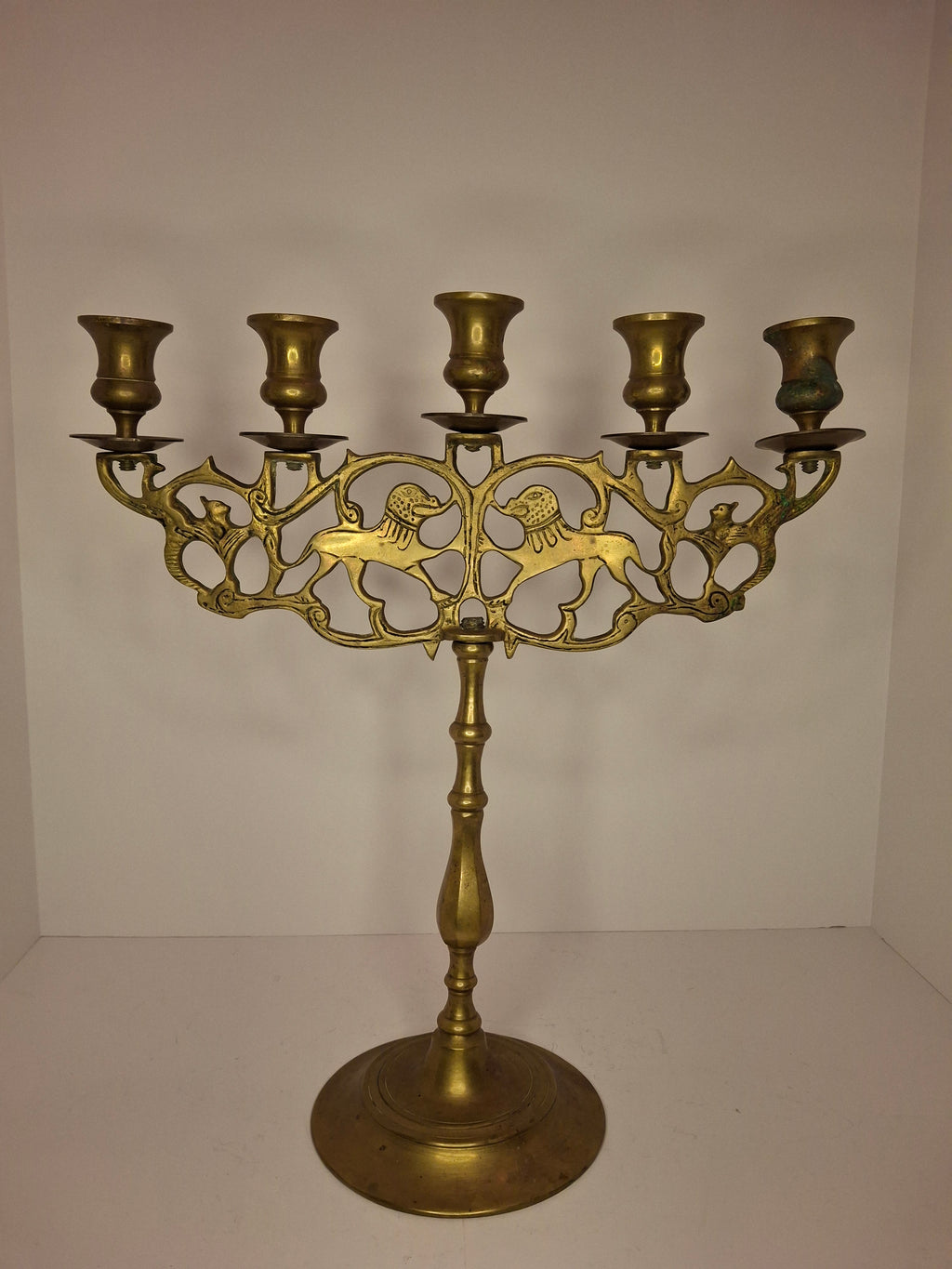 Antique 19th Century Eastern European Jewish Brass 5-Arm Sabbath Candelabrum with Mythical Bird Motifs & Original Dark Patina - Judaica