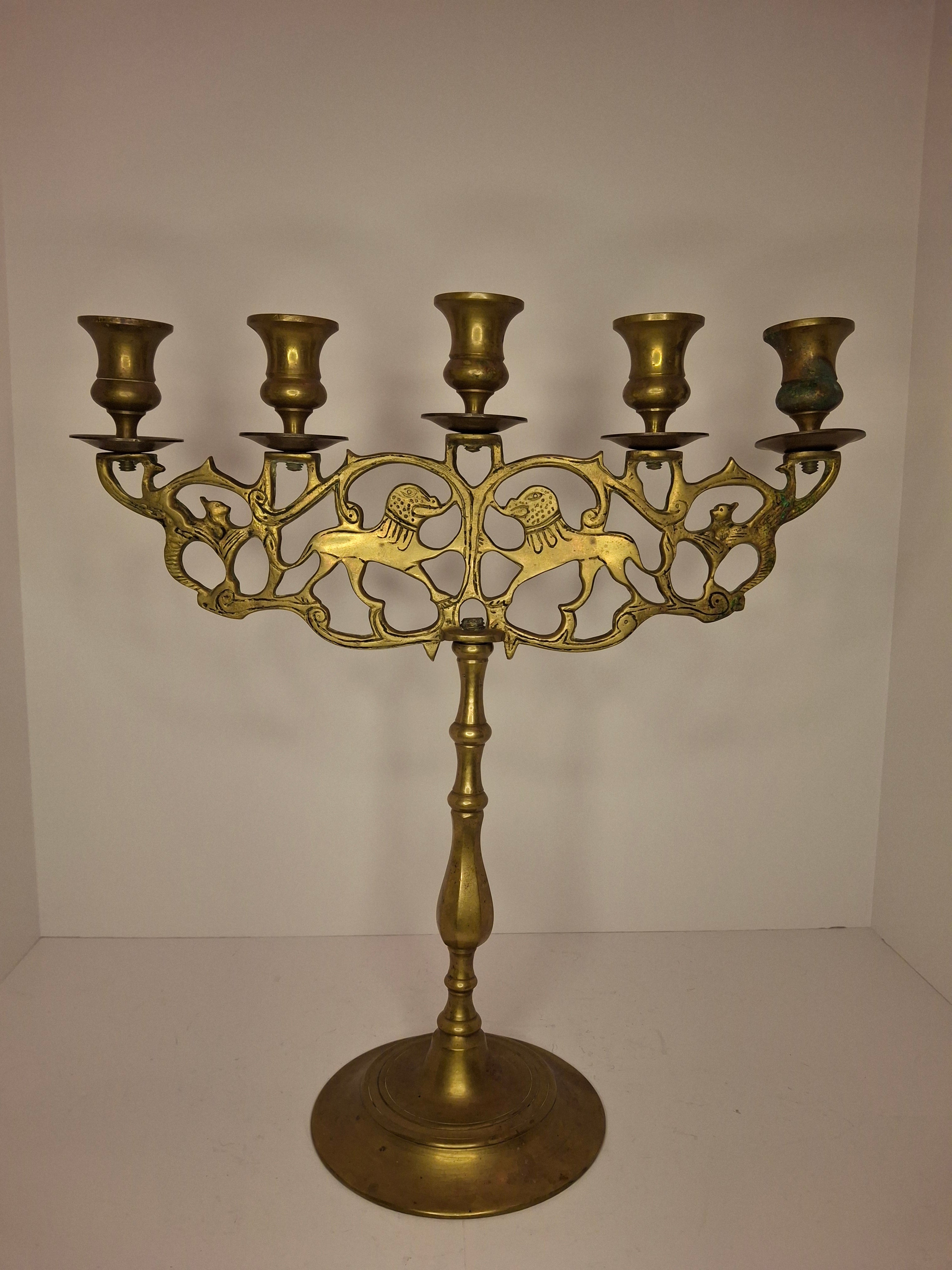 Antique 19th Century Eastern European Jewish Brass 5-Arm Sabbath Candelabrum with Mythical Bird Motifs & Original Dark Patina - Judaica