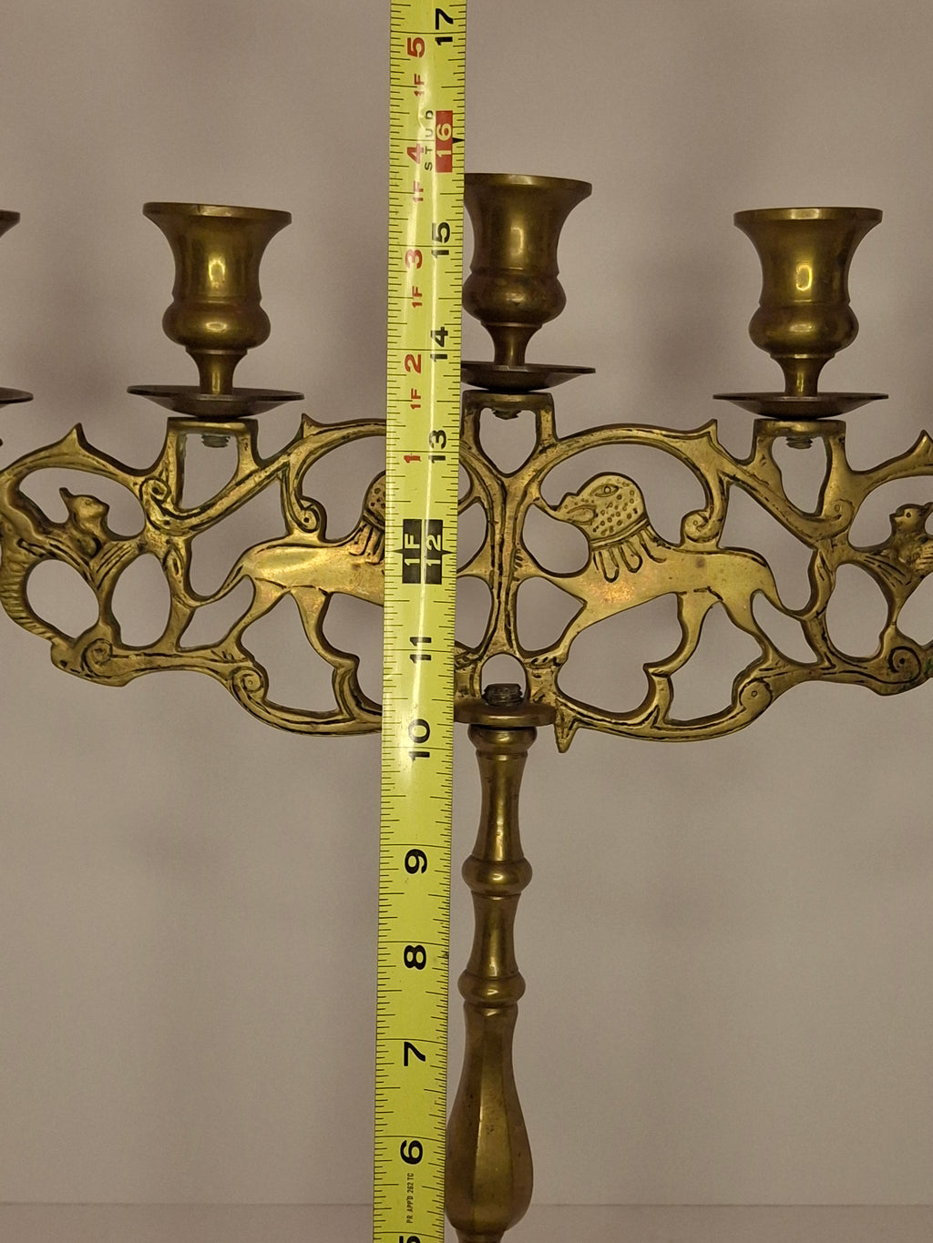 Antique 19th Century Eastern European Jewish Brass 5-Arm Sabbath Candelabrum with Mythical Bird Motifs & Original Dark Patina - Judaica