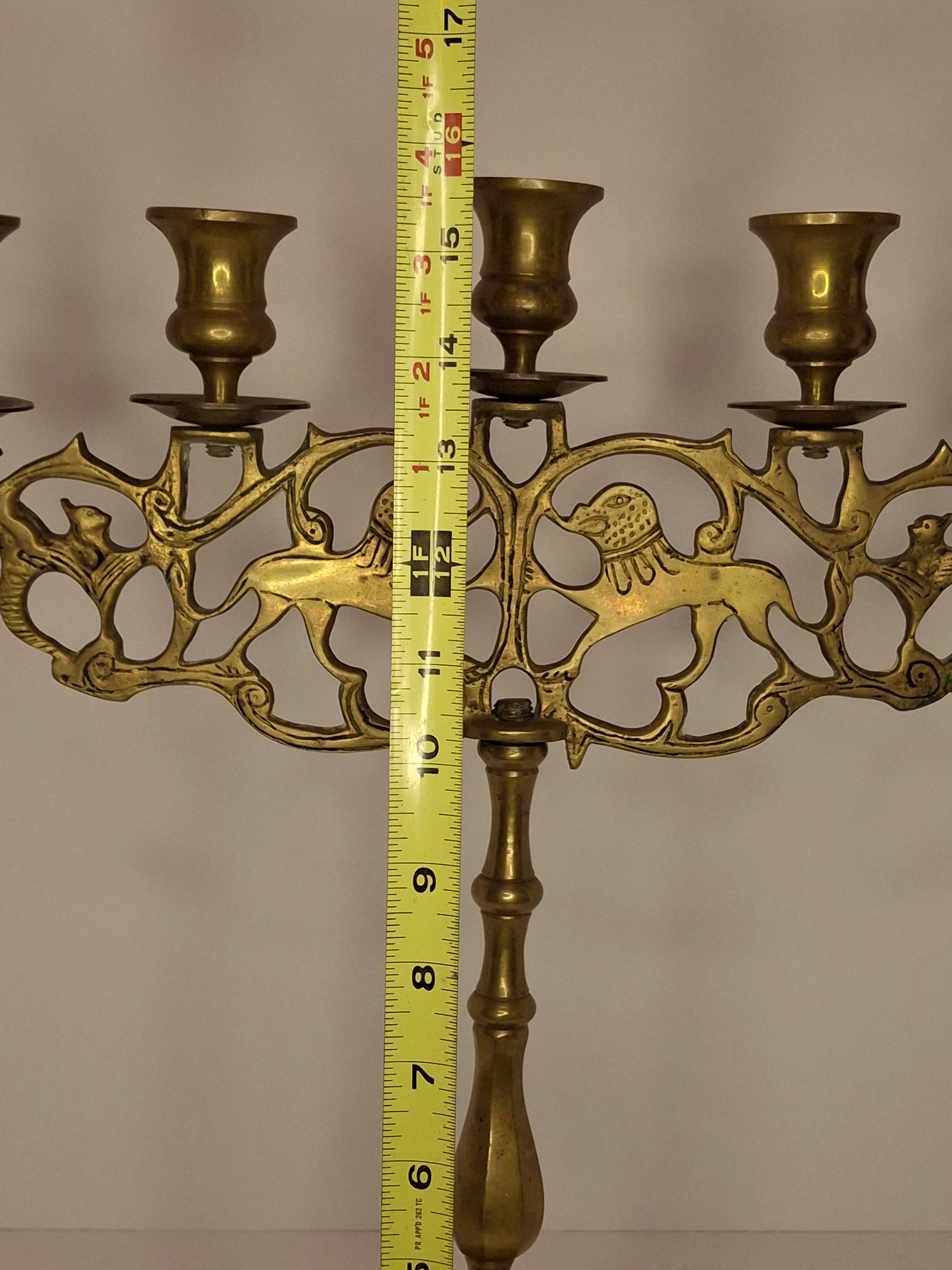 Antique 19th Century Eastern European Jewish Brass 5-Arm Sabbath Candelabrum with Mythical Bird Motifs & Original Dark Patina - Judaica