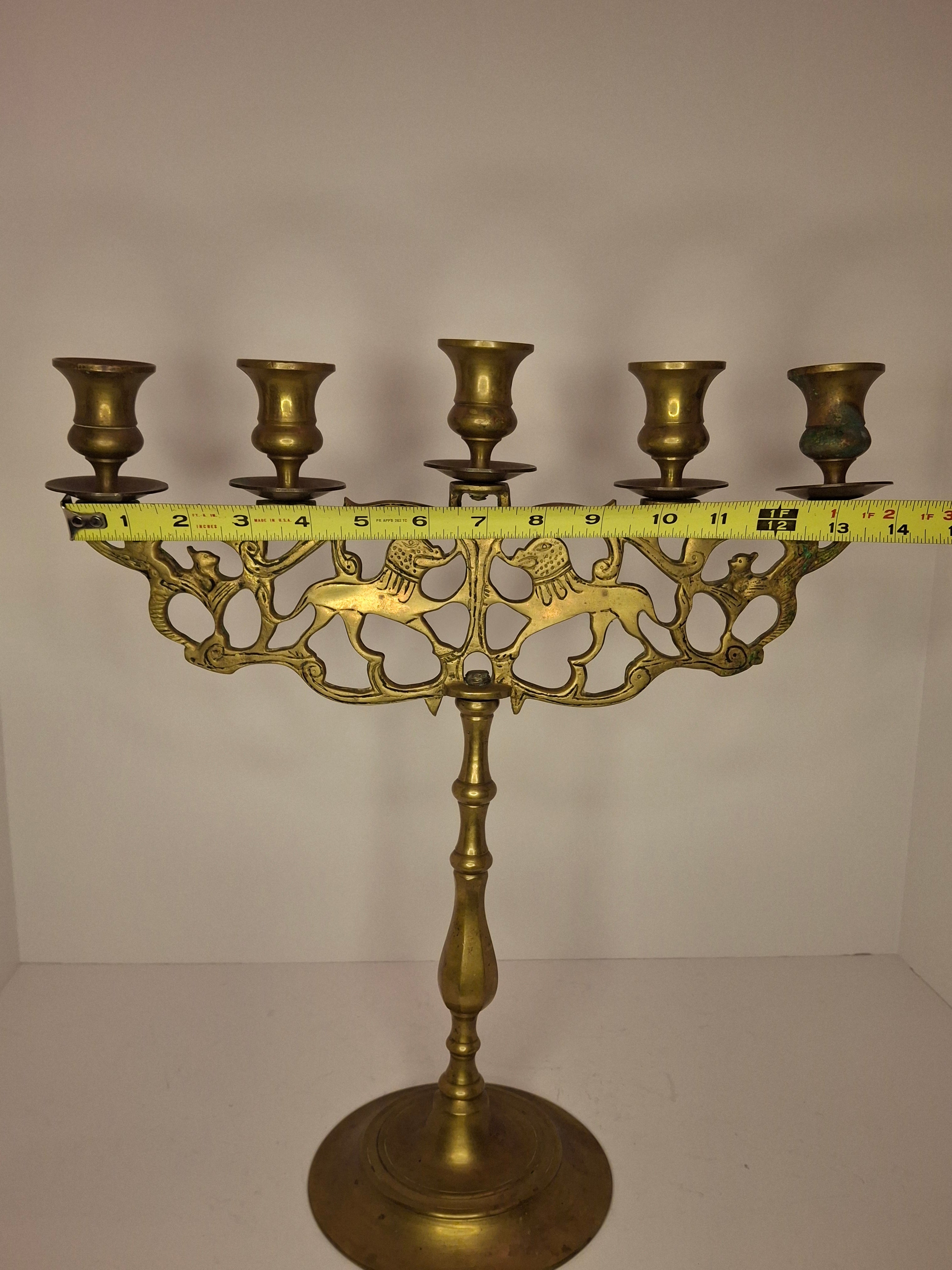 Antique 19th Century Eastern European Jewish Brass 5-Arm Sabbath Candelabrum with Mythical Bird Motifs & Original Dark Patina - Judaica