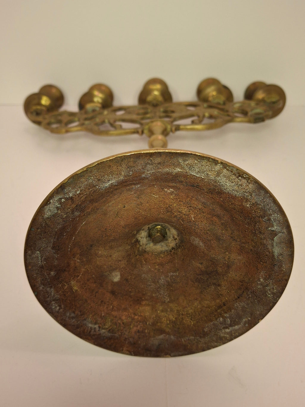 Antique 19th Century Eastern European Jewish Brass 5-Arm Sabbath Candelabrum with Mythical Bird Motifs & Original Dark Patina - Judaica