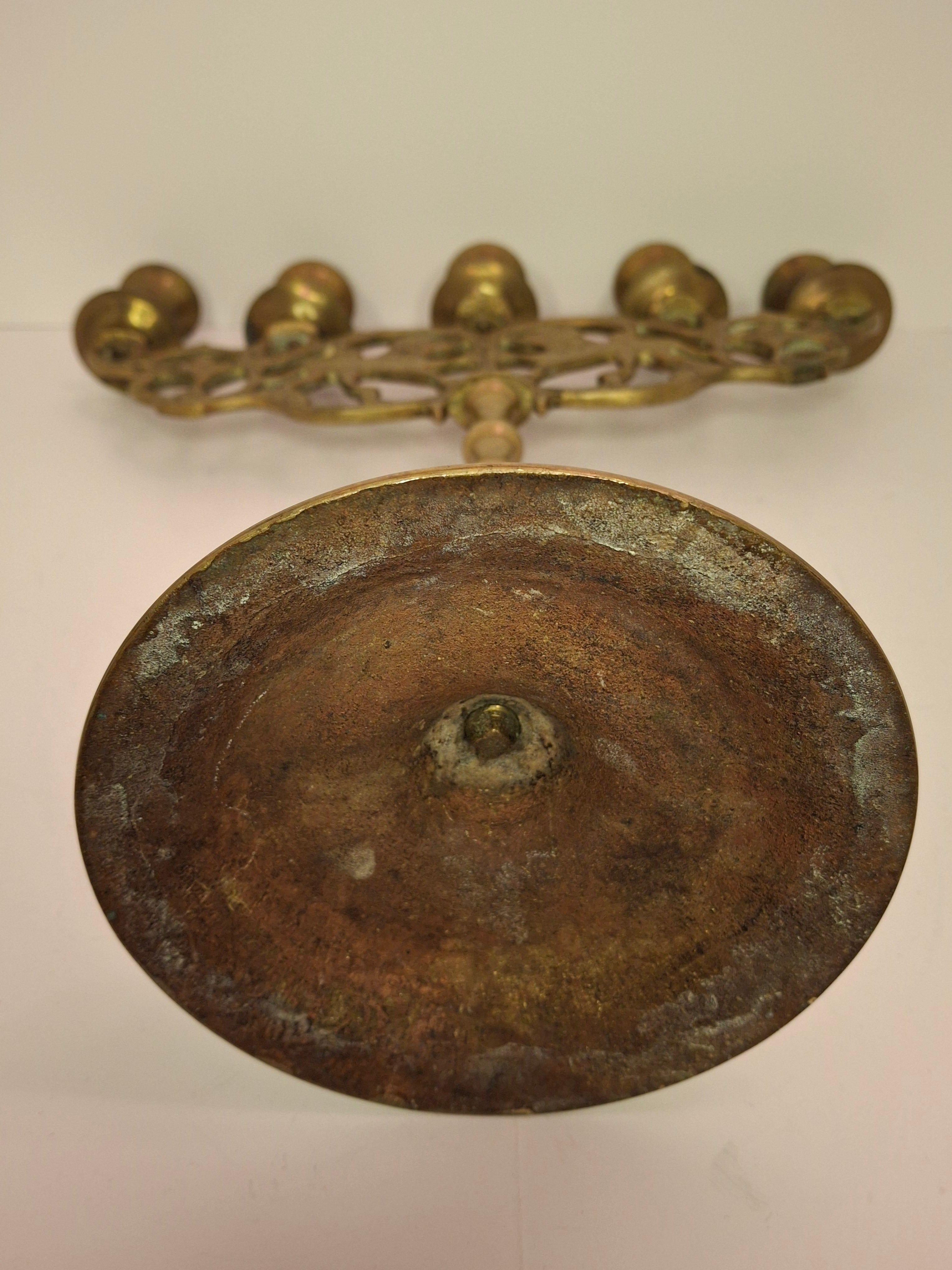 Antique 19th Century Eastern European Jewish Brass 5-Arm Sabbath Candelabrum with Mythical Bird Motifs & Original Dark Patina - Judaica