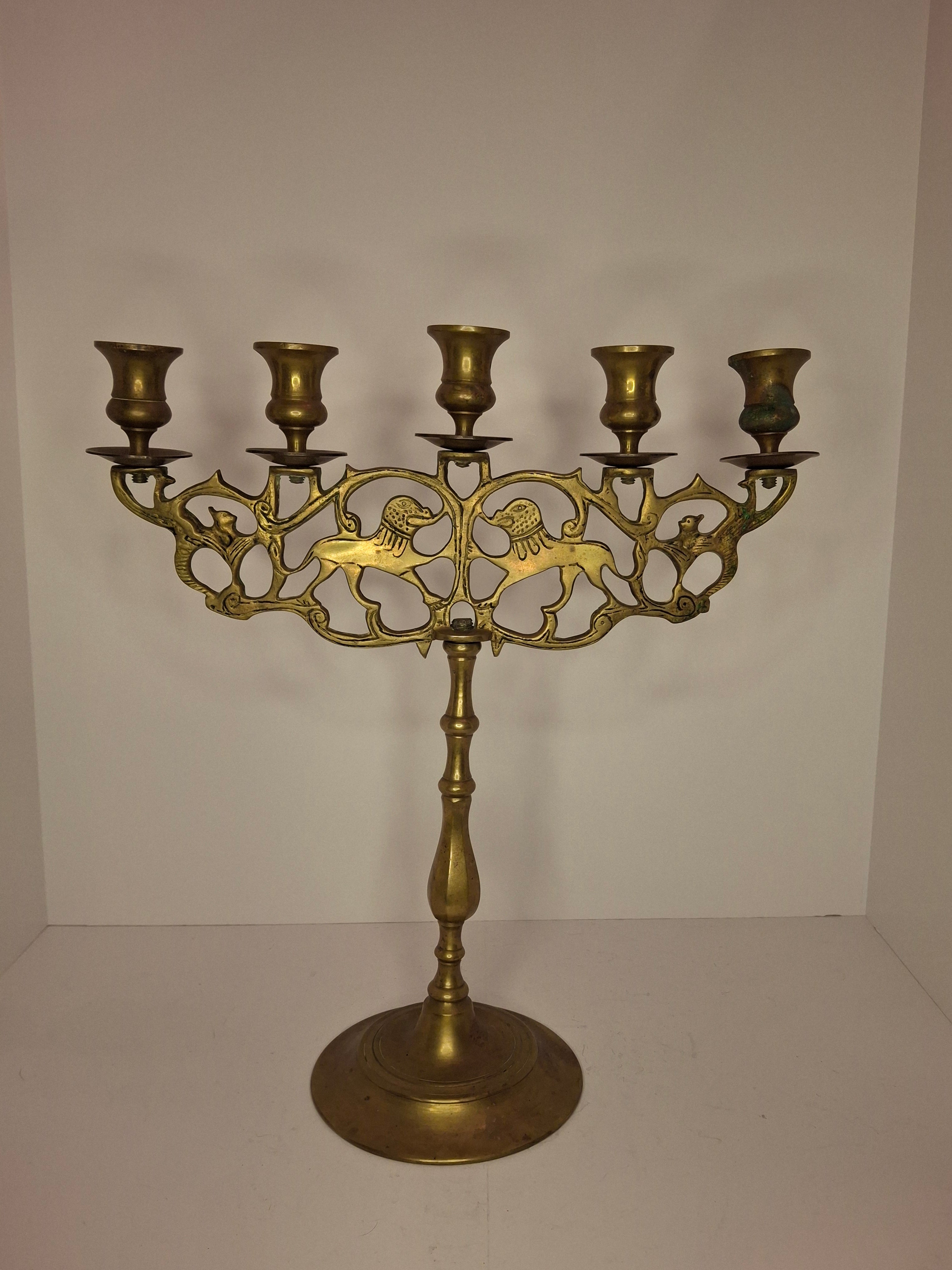 Antique 19th Century Eastern European Jewish Brass 5-Arm Sabbath Candelabrum with Mythical Bird Motifs & Original Dark Patina - Judaica