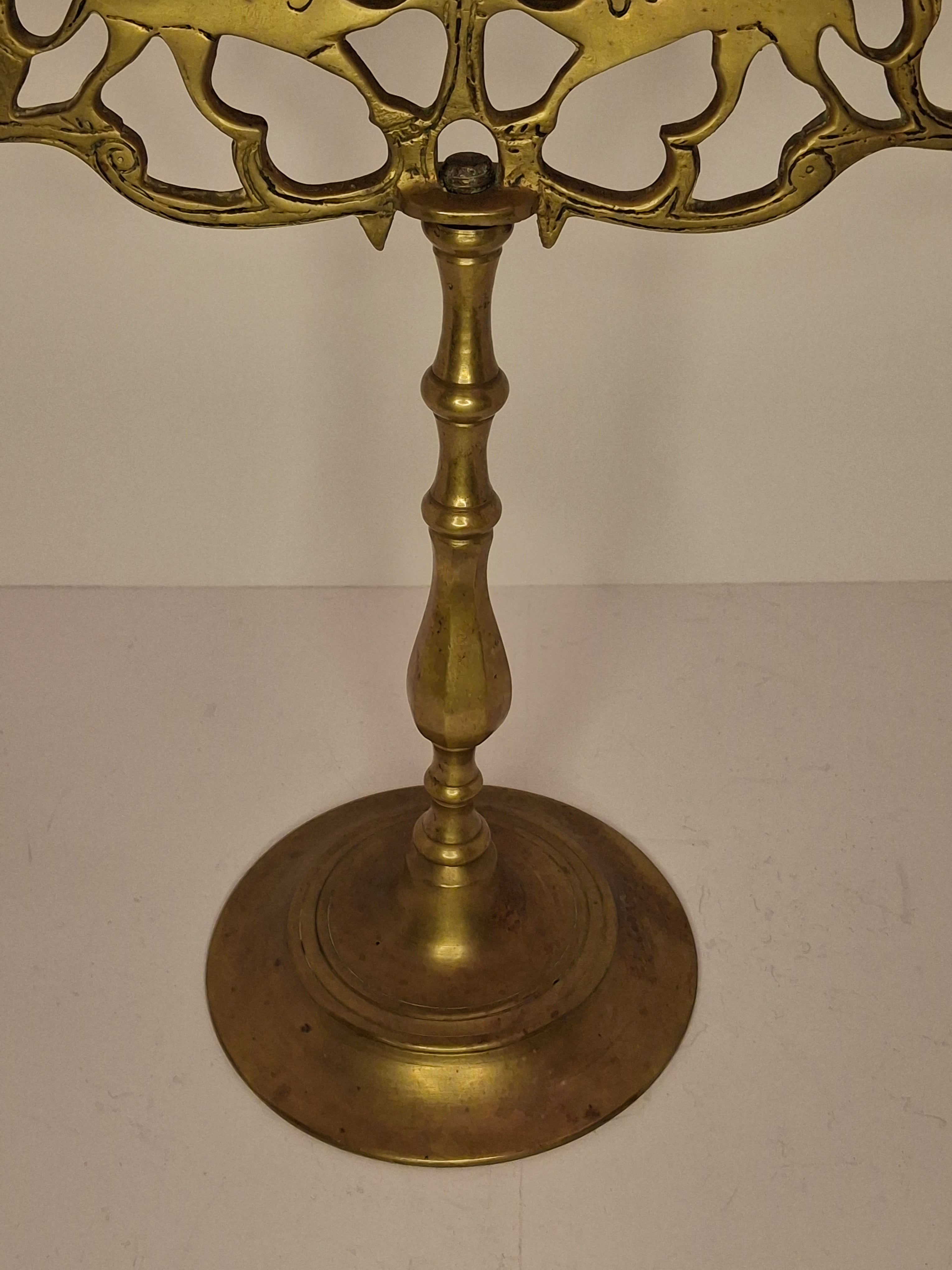 Antique 19th Century Eastern European Jewish Brass 5-Arm Sabbath Candelabrum with Mythical Bird Motifs & Original Dark Patina - Judaica