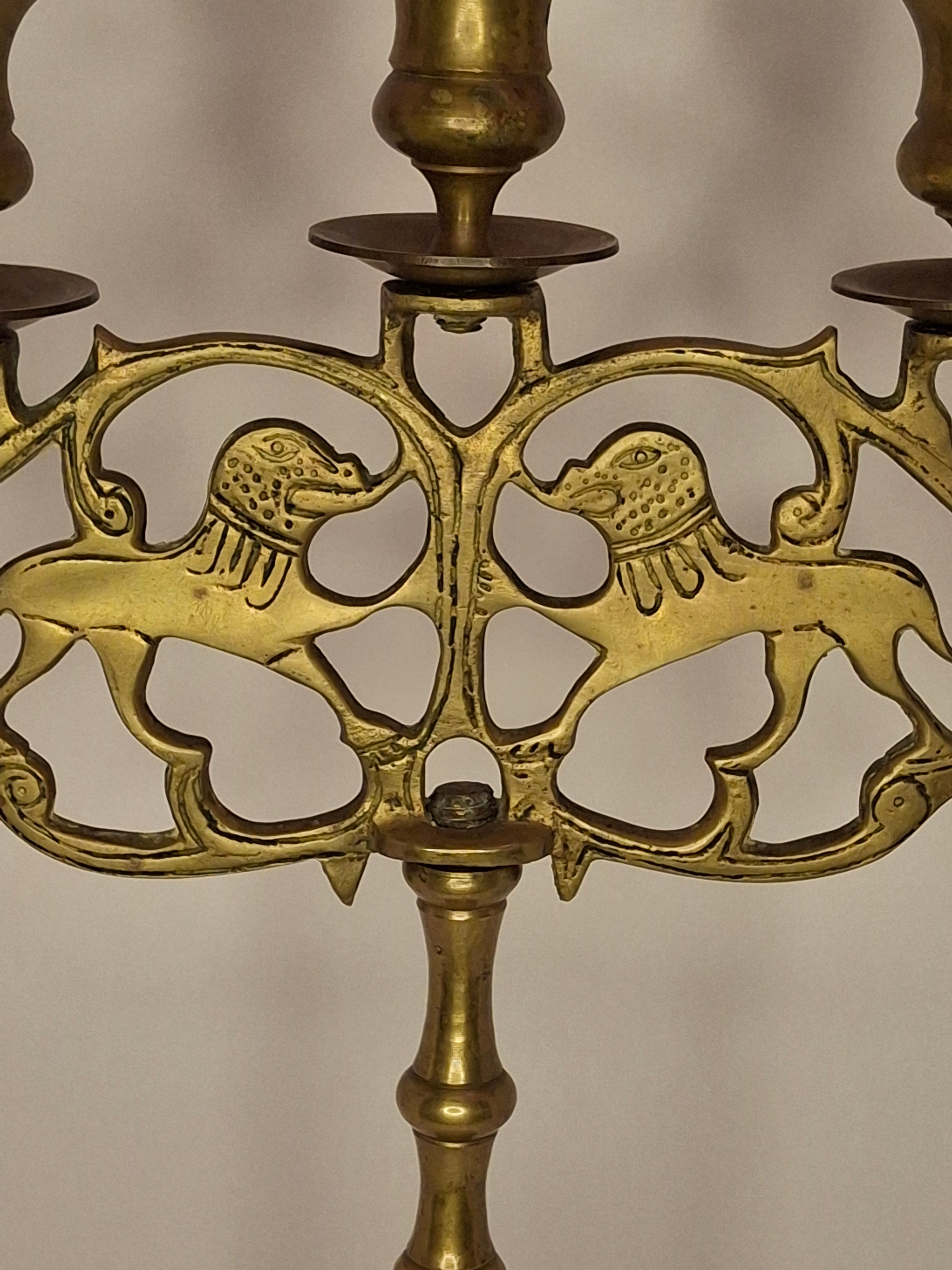 Antique 19th Century Eastern European Jewish Brass 5-Arm Sabbath Candelabrum with Mythical Bird Motifs & Original Dark Patina - Judaica