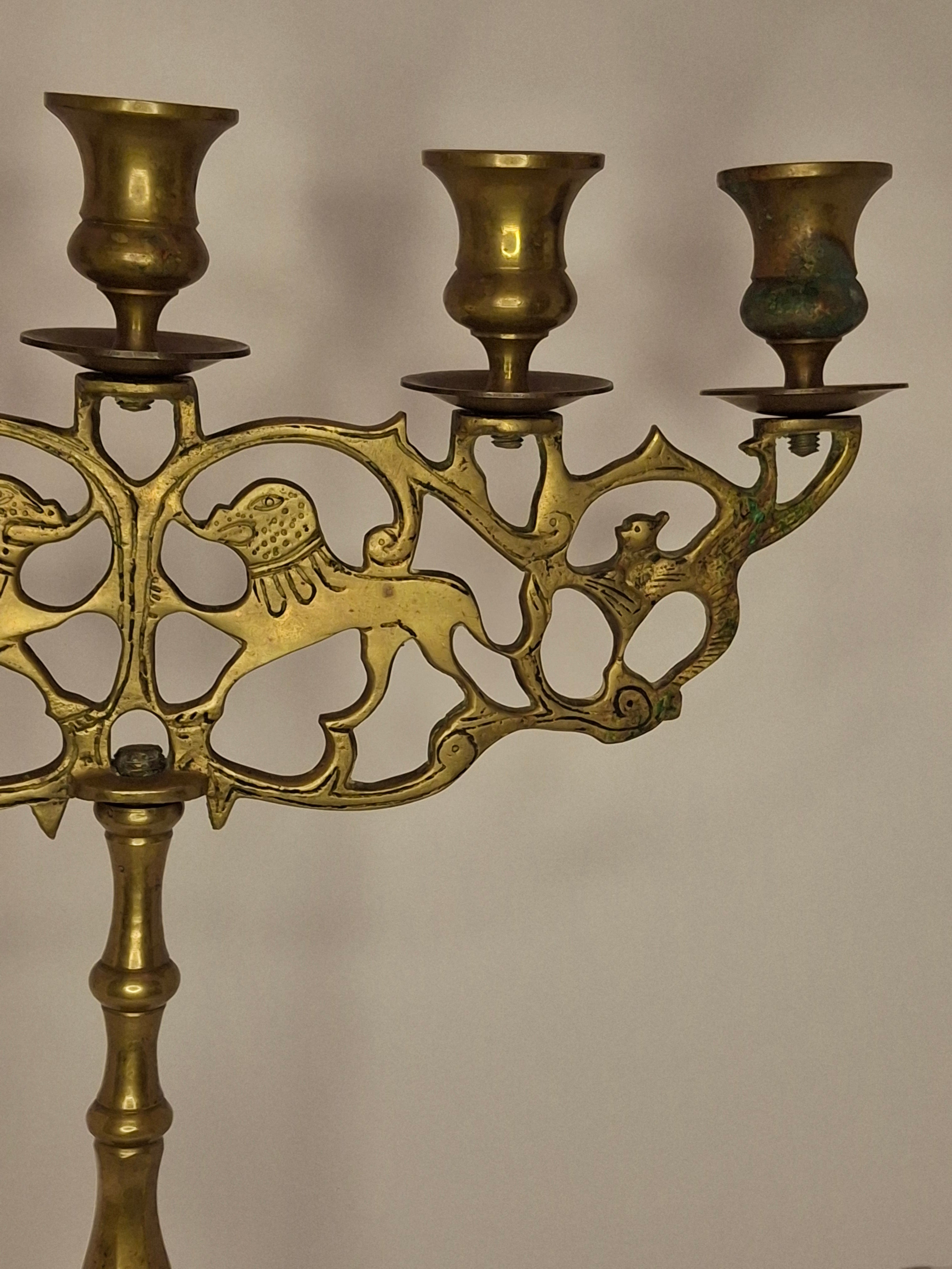 Antique 19th Century Eastern European Jewish Brass 5-Arm Sabbath Candelabrum with Mythical Bird Motifs & Original Dark Patina - Judaica