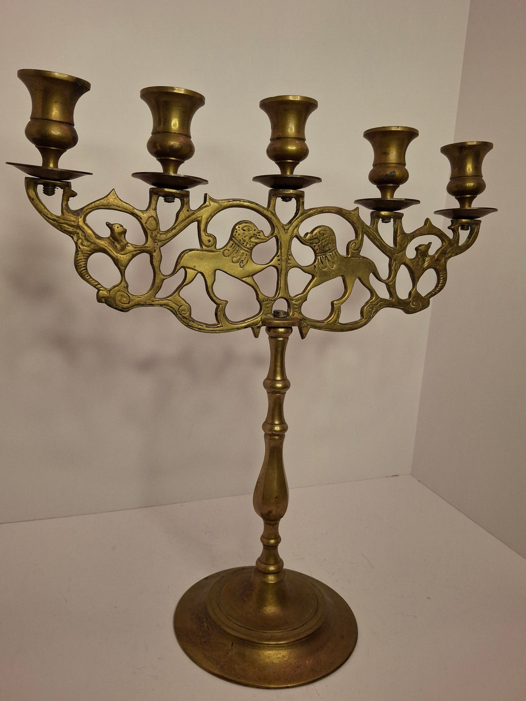 Antique 19th Century Eastern European Jewish Brass 5-Arm Sabbath Candelabrum with Mythical Bird Motifs & Original Dark Patina - Judaica