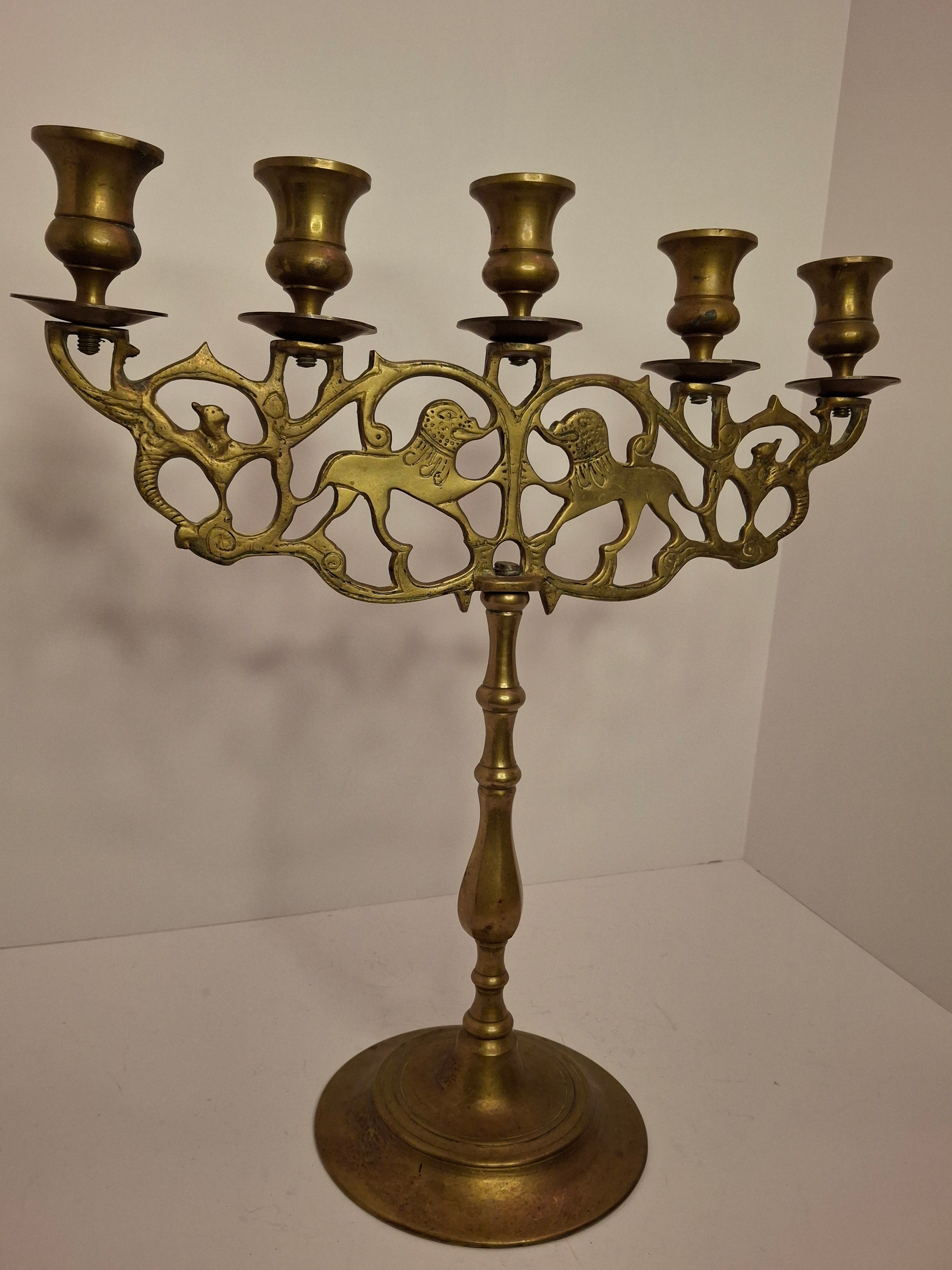 Antique 19th Century Eastern European Jewish Brass 5-Arm Sabbath Candelabrum with Mythical Bird Motifs & Original Dark Patina - Judaica