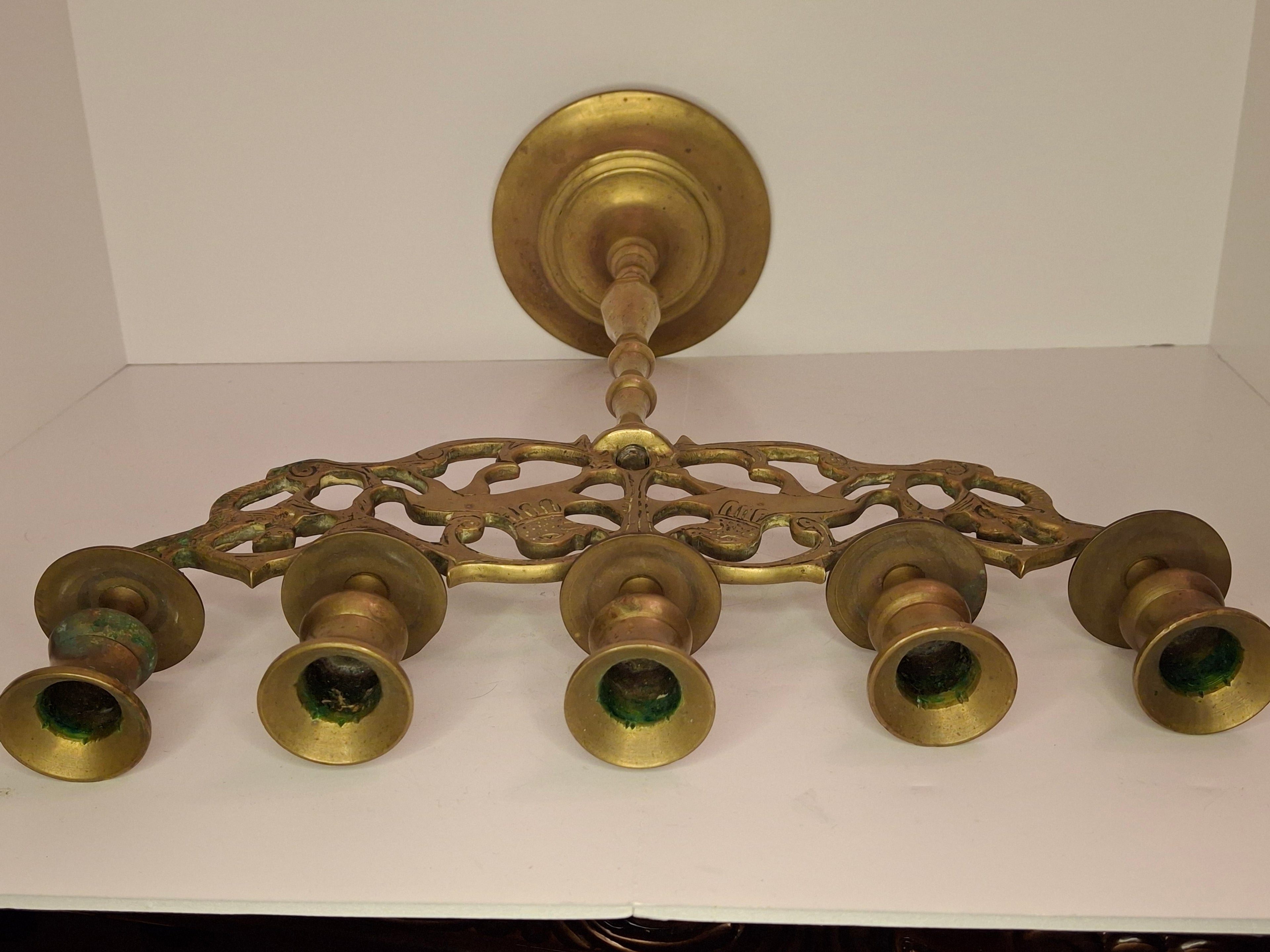 Antique 19th Century Eastern European Jewish Brass 5-Arm Sabbath Candelabrum with Mythical Bird Motifs & Original Dark Patina - Judaica