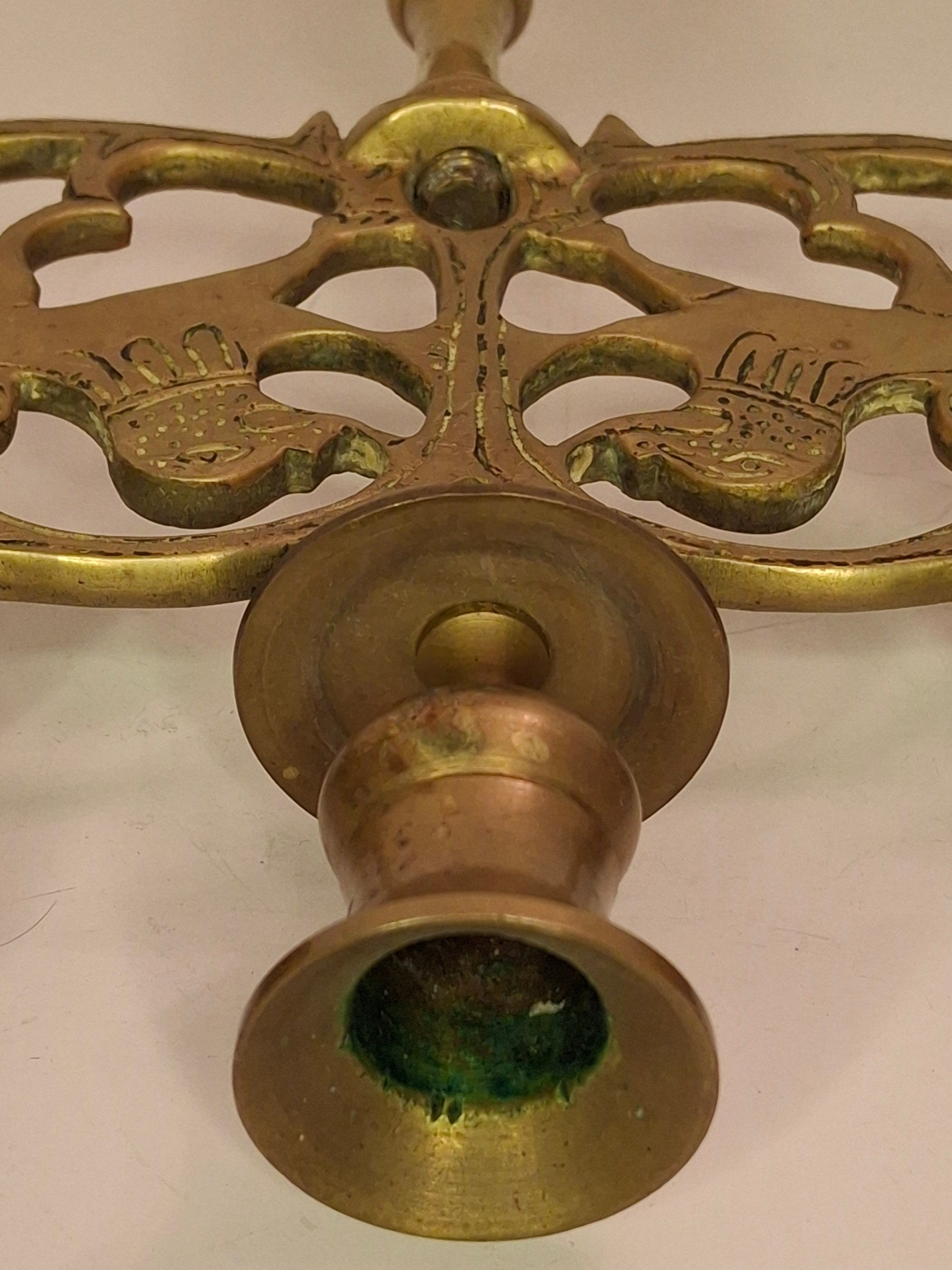 Antique 19th Century Eastern European Jewish Brass 5-Arm Sabbath Candelabrum with Mythical Bird Motifs & Original Dark Patina - Judaica