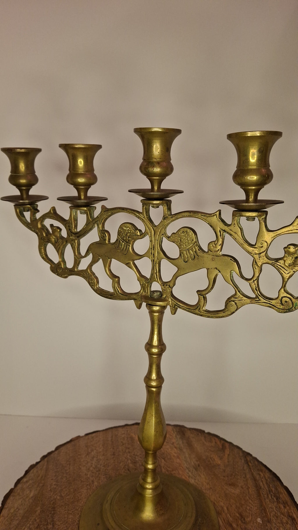 Antique 19th Century Eastern European Jewish Brass 5-Arm Sabbath Candelabrum with Mythical Bird Motifs & Original Dark Patina - Judaica