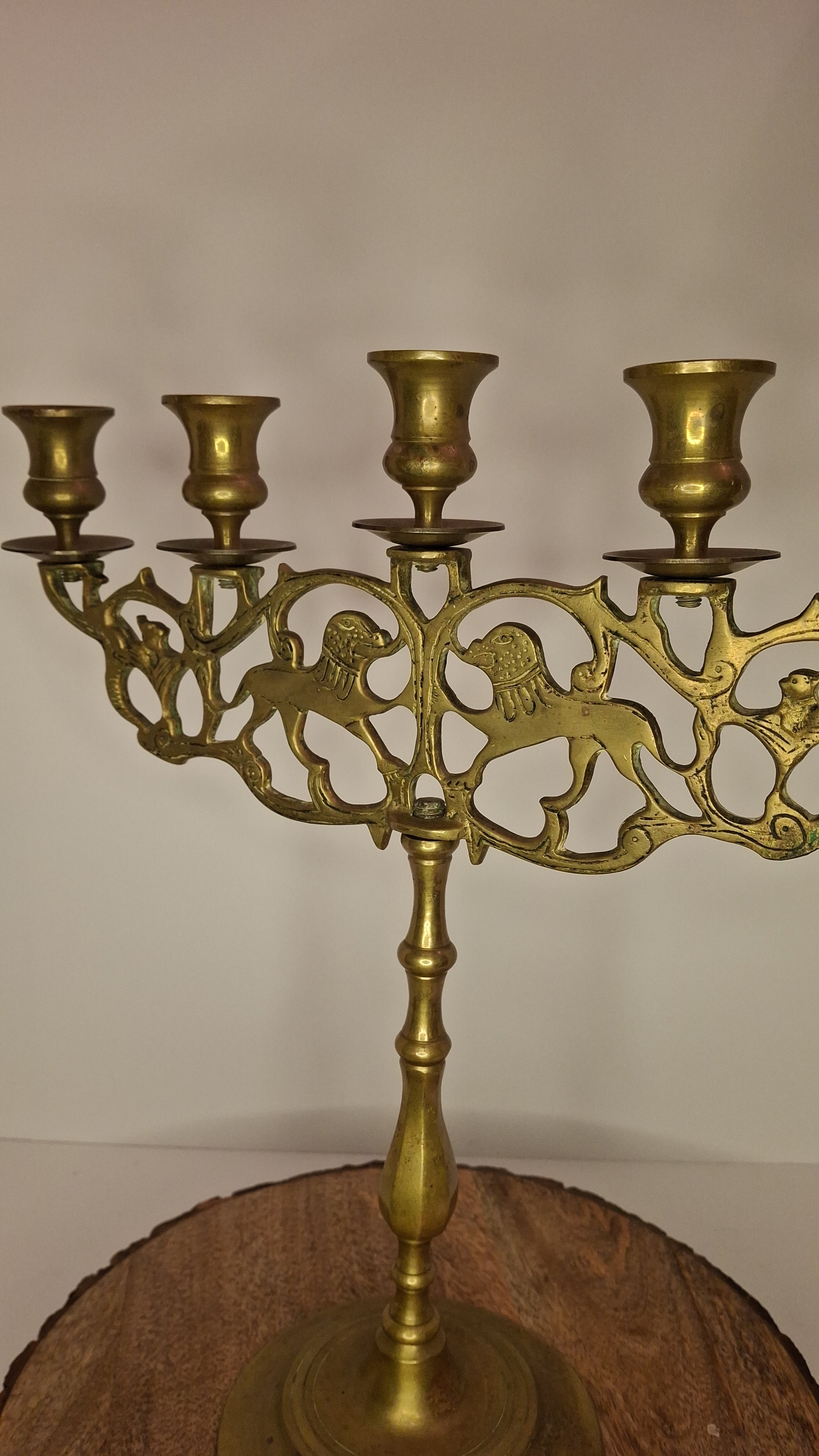 Antique 19th Century Eastern European Jewish Brass 5-Arm Sabbath Candelabrum with Mythical Bird Motifs & Original Dark Patina - Judaica