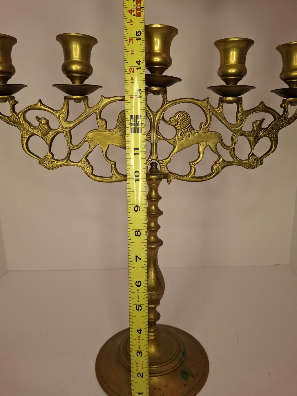 Antique 19th Century Eastern European Jewish Brass 5-Arm Sabbath Candelabrum with Mythical Bird Motifs & Original Dark Patina - Judaica
