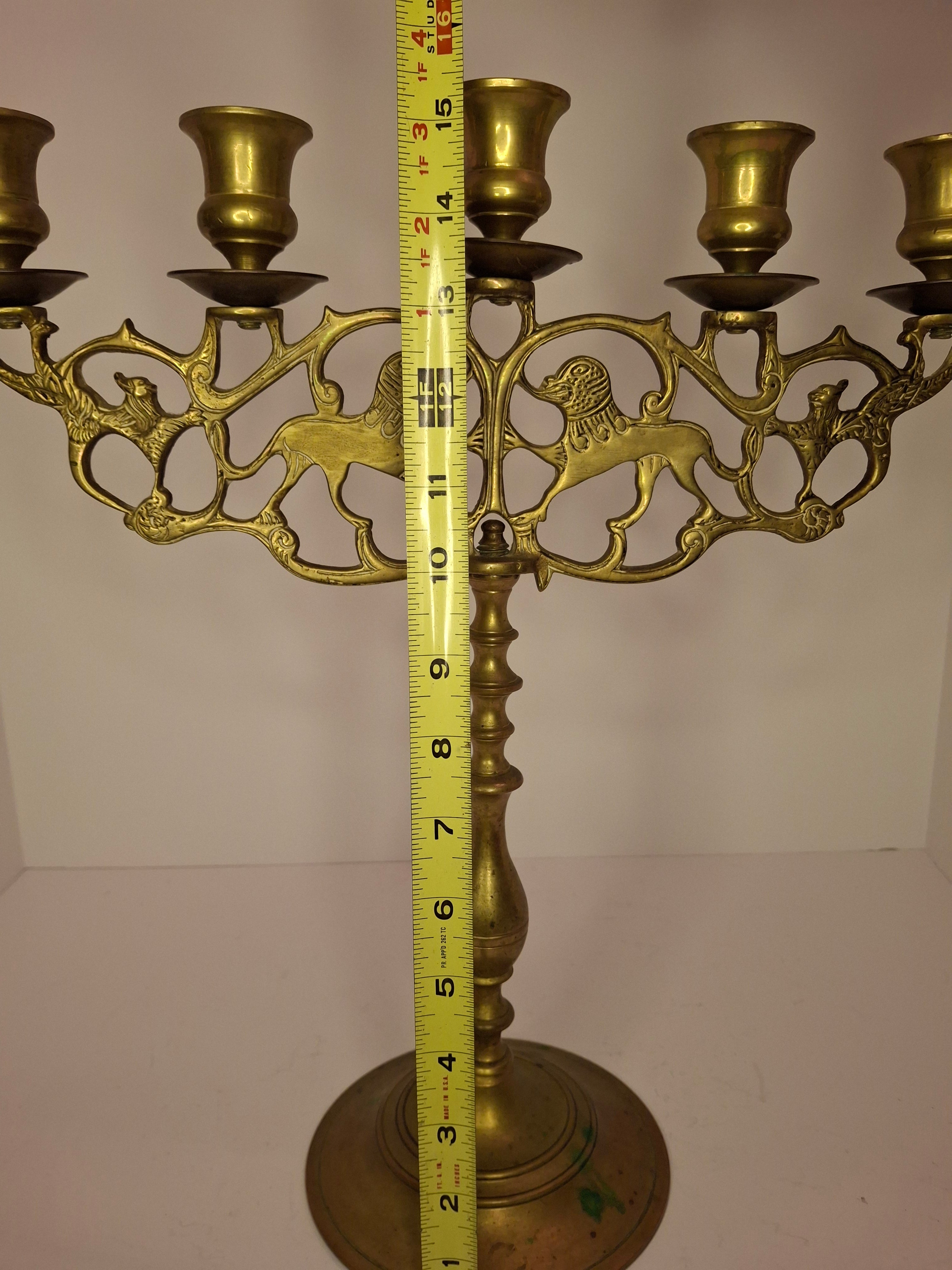 Antique 19th Century Eastern European Jewish Brass 5-Arm Sabbath Candelabrum with Mythical Bird Motifs & Original Dark Patina - Judaica