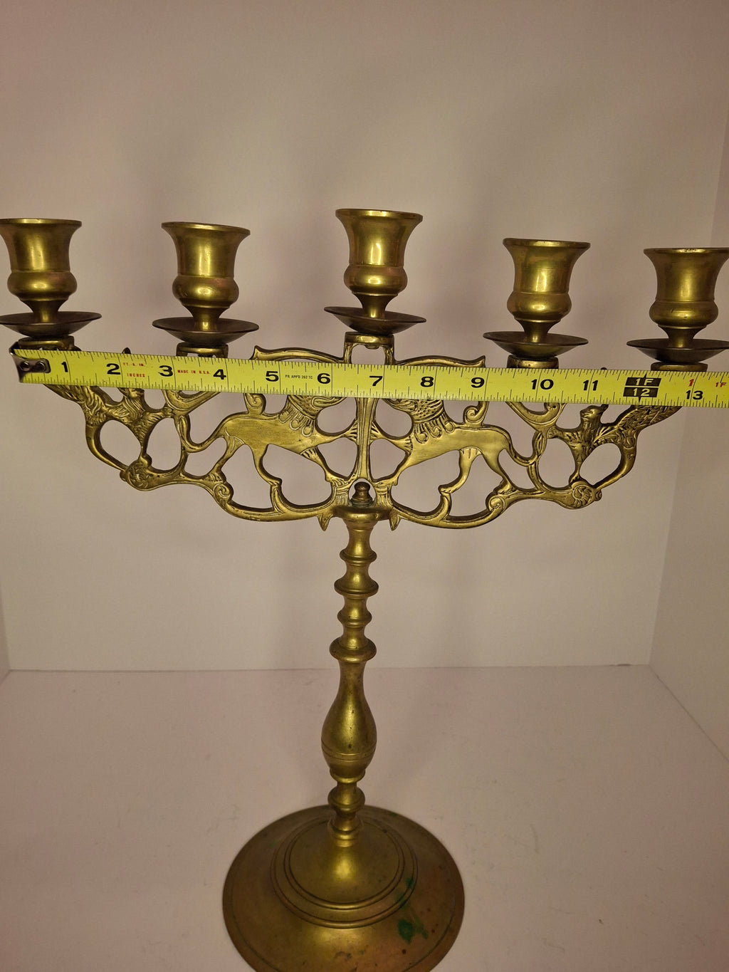 Antique 19th Century Eastern European Jewish Brass 5-Arm Sabbath Candelabrum with Mythical Bird Motifs & Original Dark Patina - Judaica