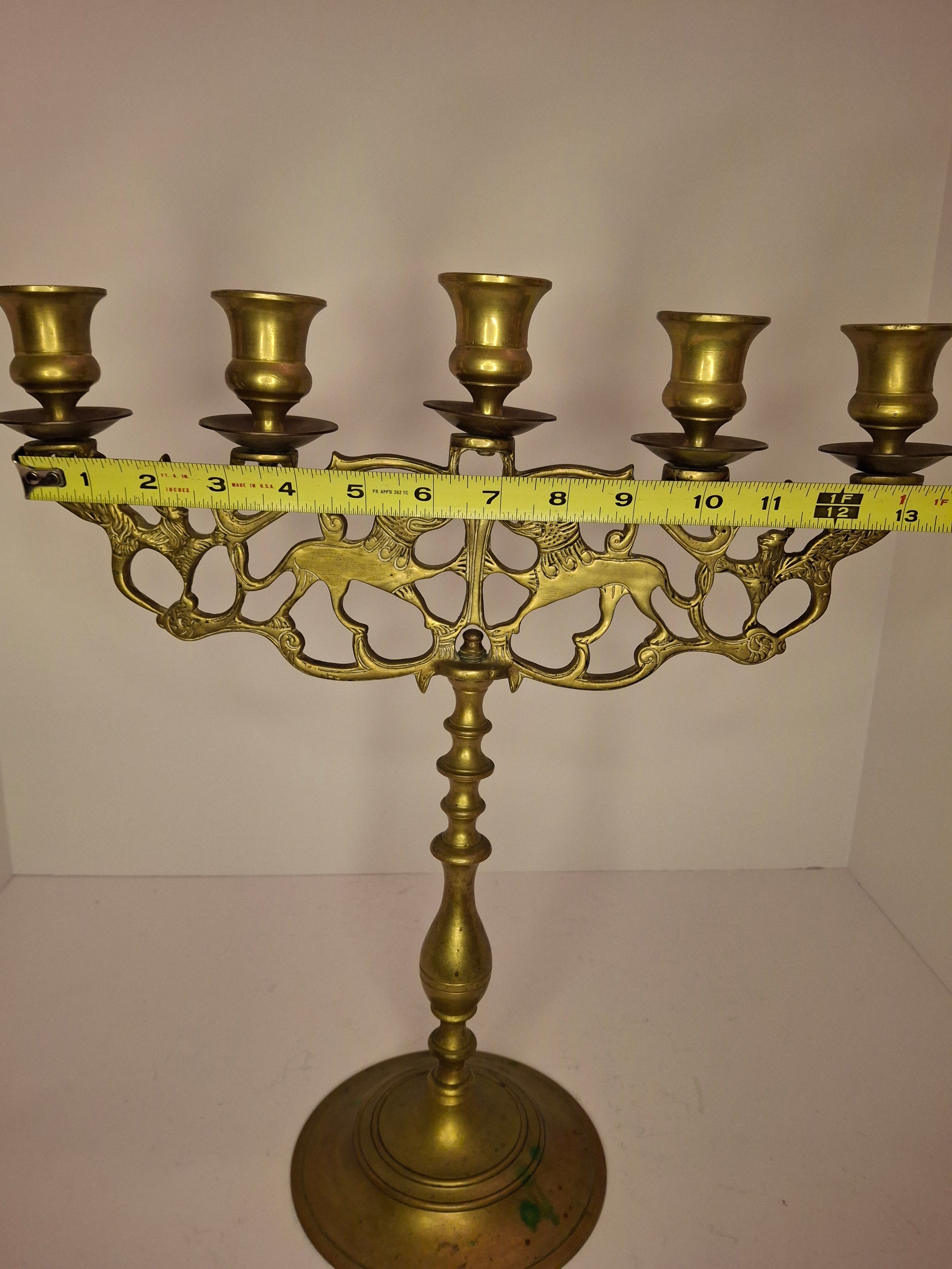 Antique 19th Century Eastern European Jewish Brass 5-Arm Sabbath Candelabrum with Mythical Bird Motifs & Original Dark Patina - Judaica