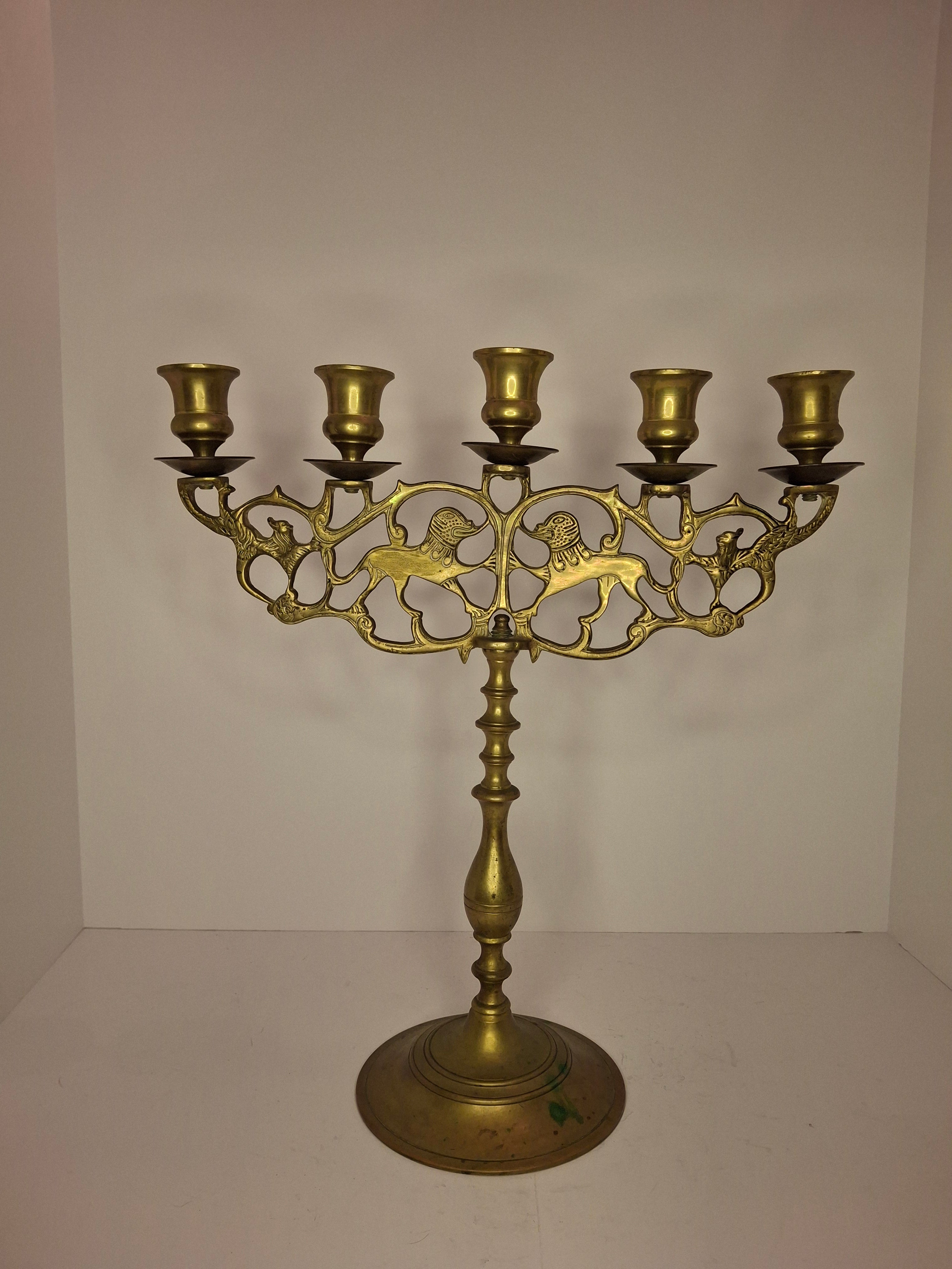 Antique 19th Century Eastern European Jewish Brass 5-Arm Sabbath Candelabrum with Mythical Bird Motifs & Original Dark Patina - Judaica