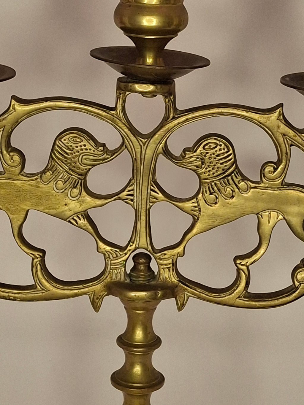 Antique 19th Century Eastern European Jewish Brass 5-Arm Sabbath Candelabrum with Mythical Bird Motifs & Original Dark Patina - Judaica