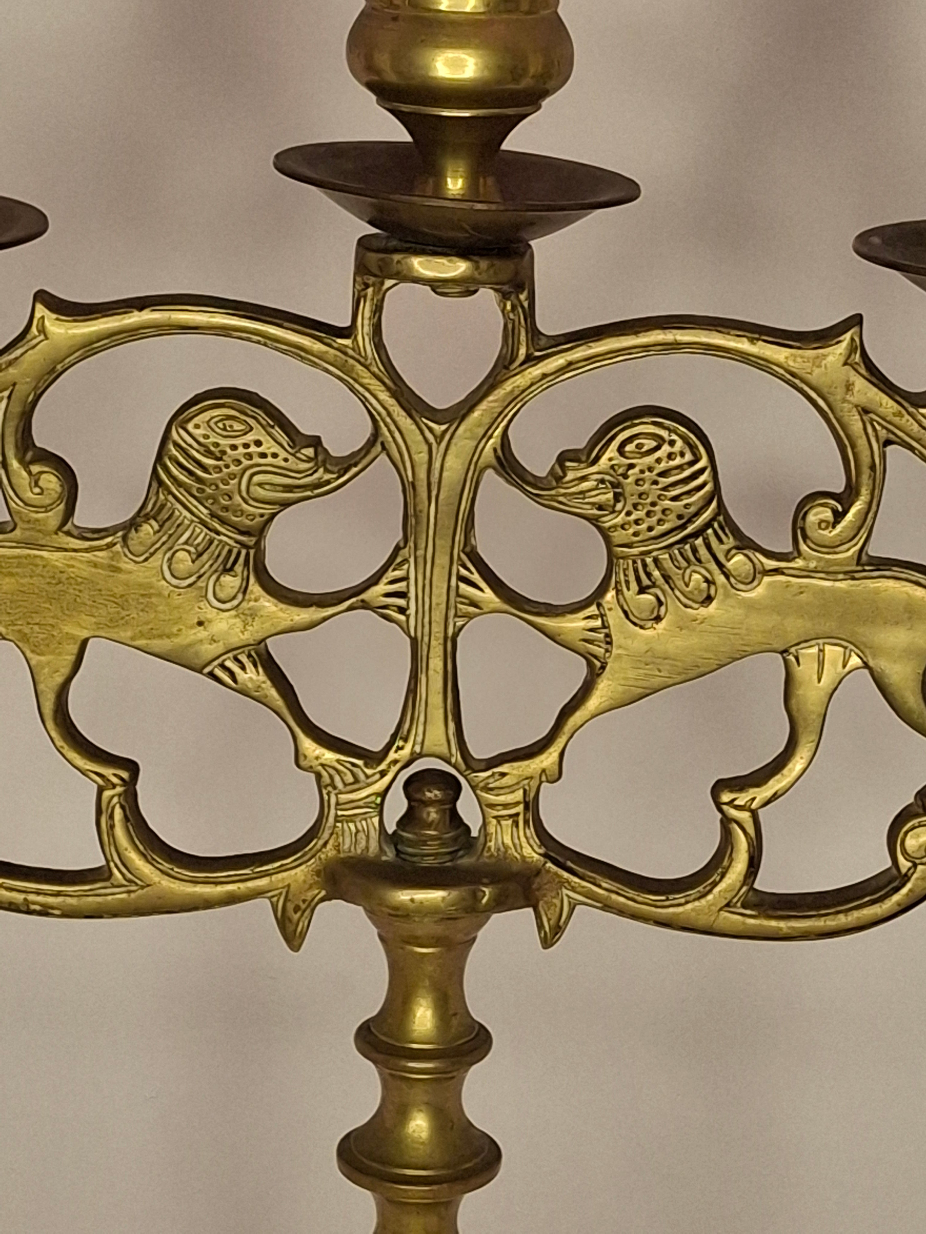 Antique 19th Century Eastern European Jewish Brass 5-Arm Sabbath Candelabrum with Mythical Bird Motifs & Original Dark Patina - Judaica