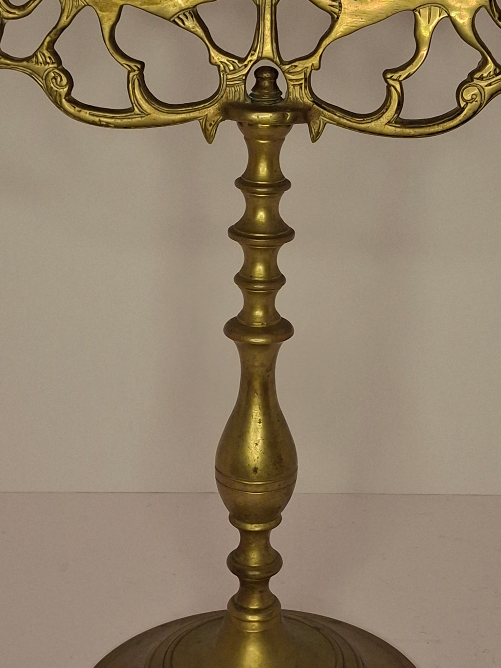 Antique 19th Century Eastern European Jewish Brass 5-Arm Sabbath Candelabrum with Mythical Bird Motifs & Original Dark Patina - Judaica