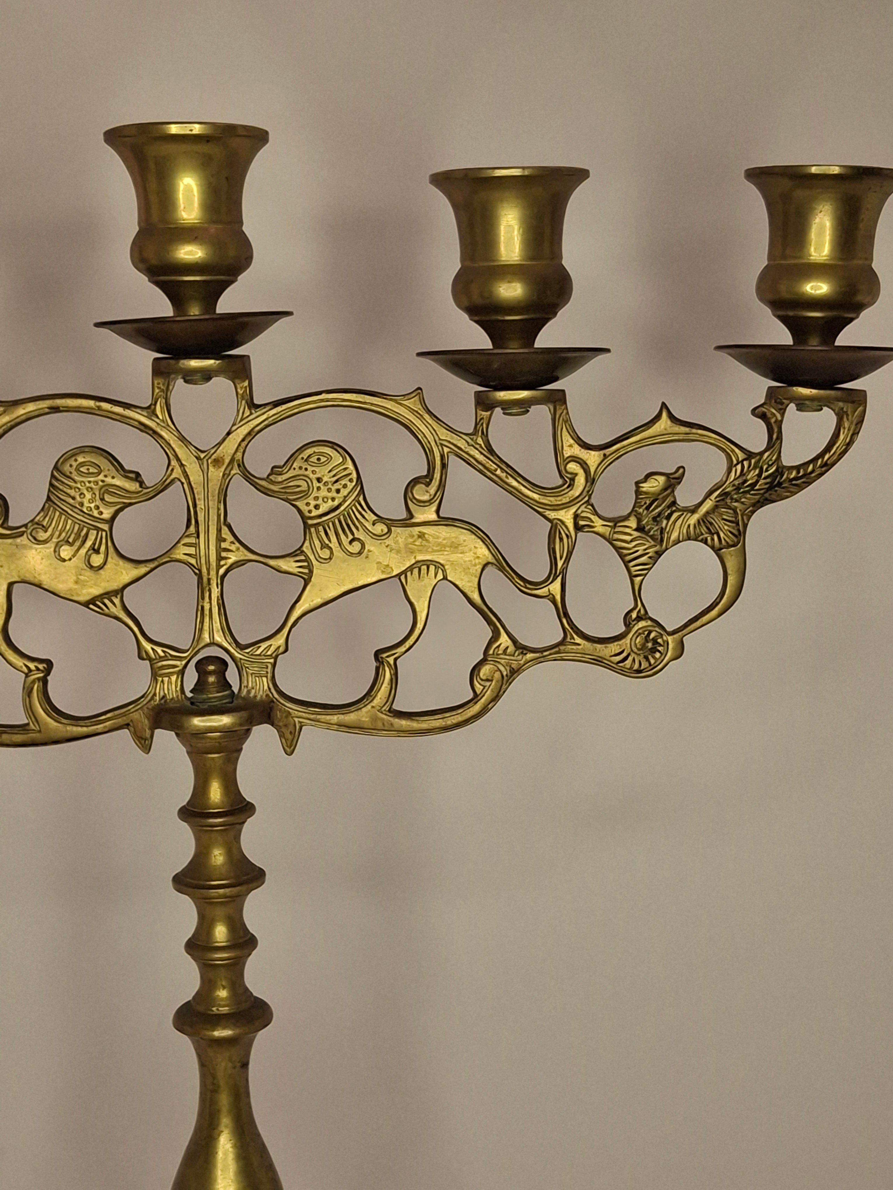 Antique 19th Century Eastern European Jewish Brass 5-Arm Sabbath Candelabrum with Mythical Bird Motifs & Original Dark Patina - Judaica