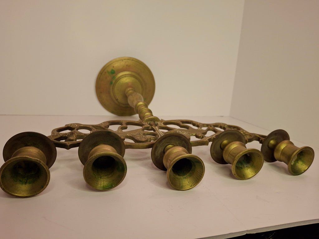 Antique 19th Century Eastern European Jewish Brass 5-Arm Sabbath Candelabrum with Mythical Bird Motifs & Original Dark Patina - Judaica