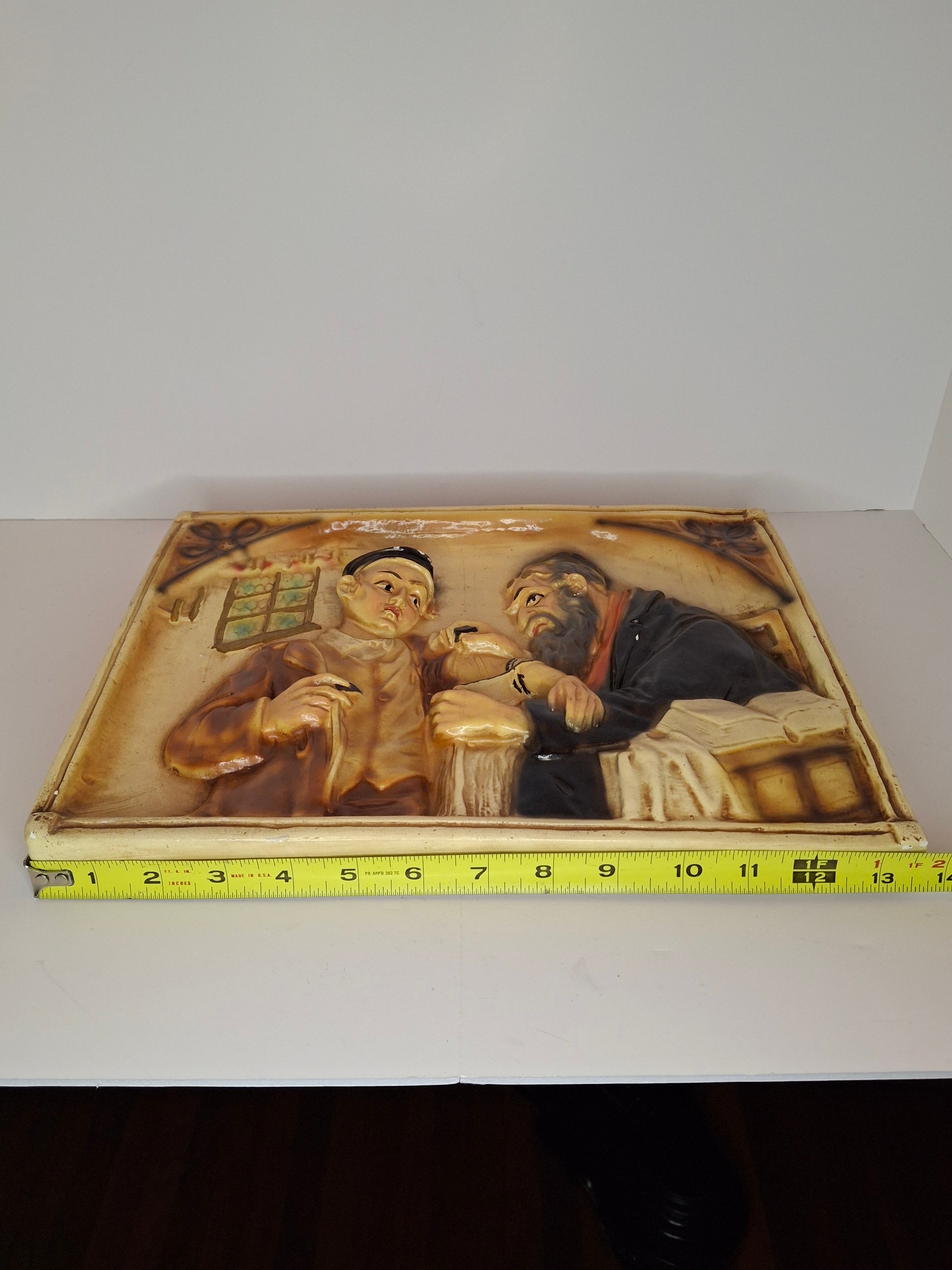 Vintage 1960s Israeli Ceramic Relief Wall Plaque - Bar Mitzvah Tefillin Ritual Father & Son Judaica Art Hanging - Heavy Signed-Style Piece