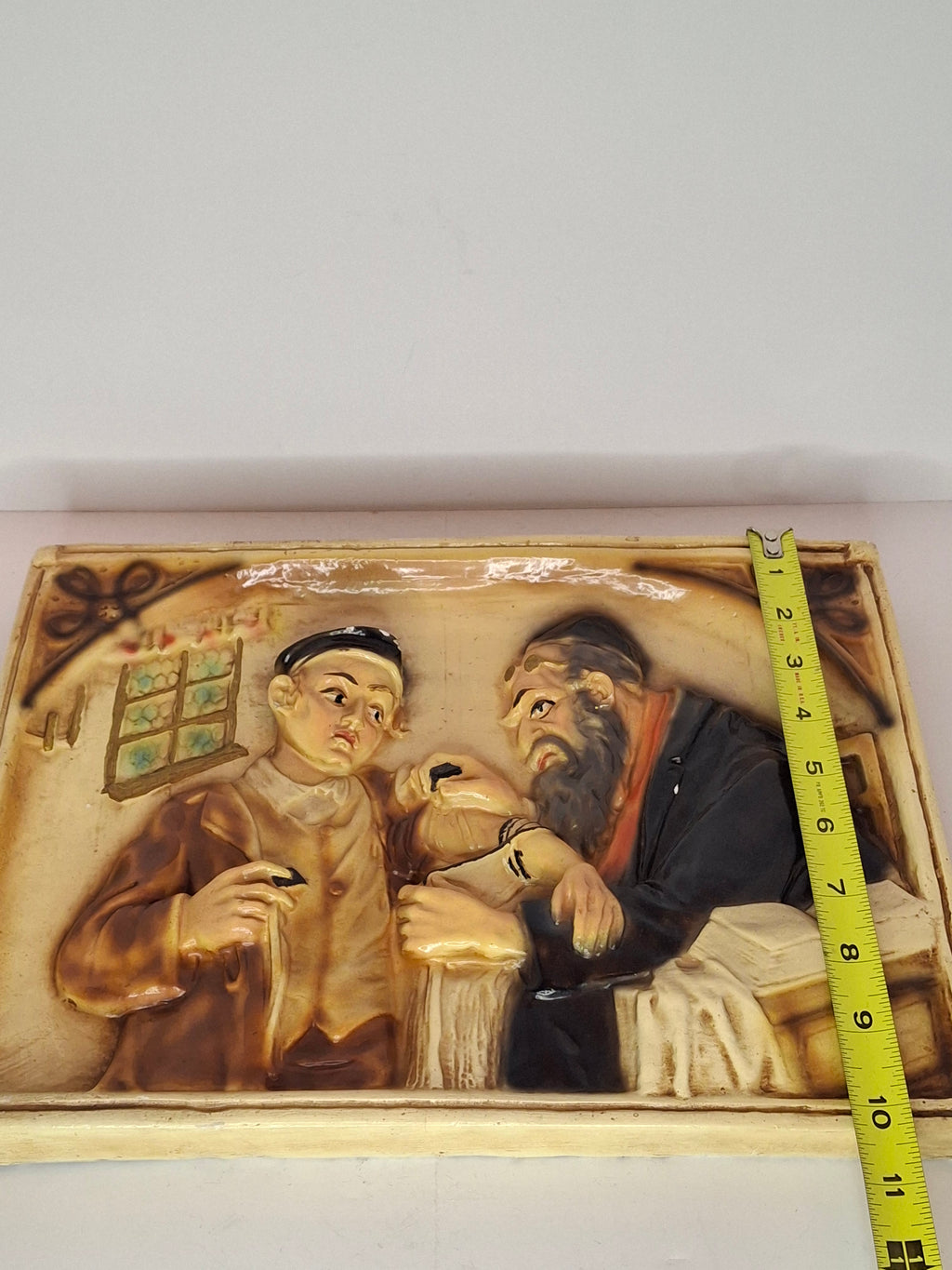 Vintage 1960s Israeli Ceramic Relief Wall Plaque - Bar Mitzvah Tefillin Ritual Father & Son Judaica Art Hanging - Heavy Signed-Style Piece