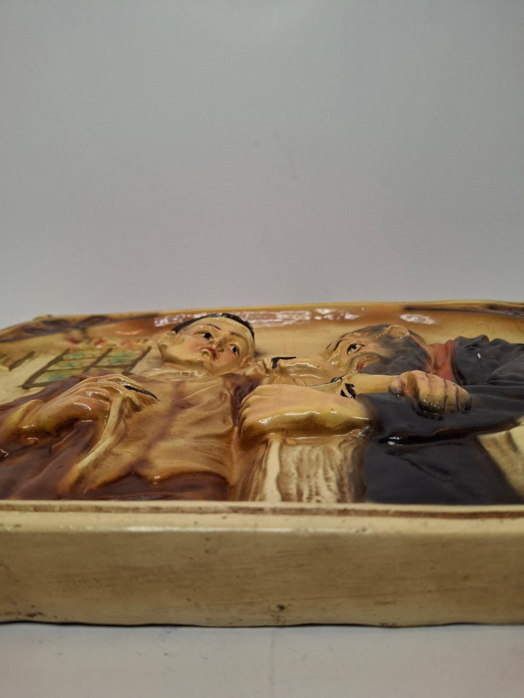 Vintage 1960s Israeli Ceramic Relief Wall Plaque - Bar Mitzvah Tefillin Ritual Father & Son Judaica Art Hanging - Heavy Signed-Style Piece