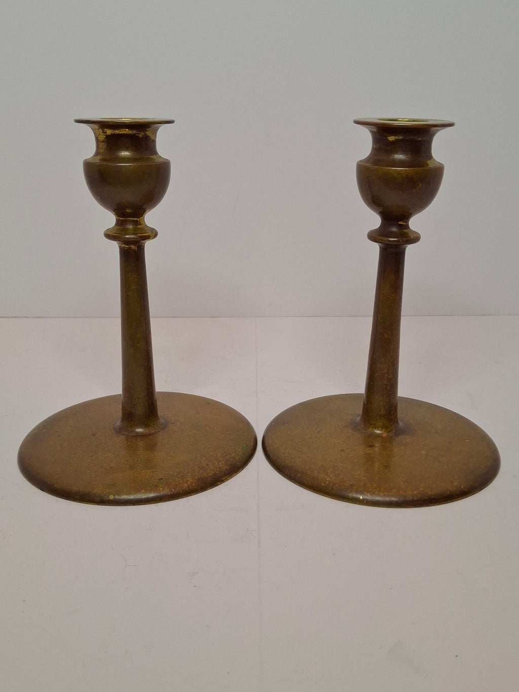Pair Antique Eastern European Brass Shabbat Candlesticks with Verdigris Patina - Circa 1900 Polish Judaica, 6.5" Tall