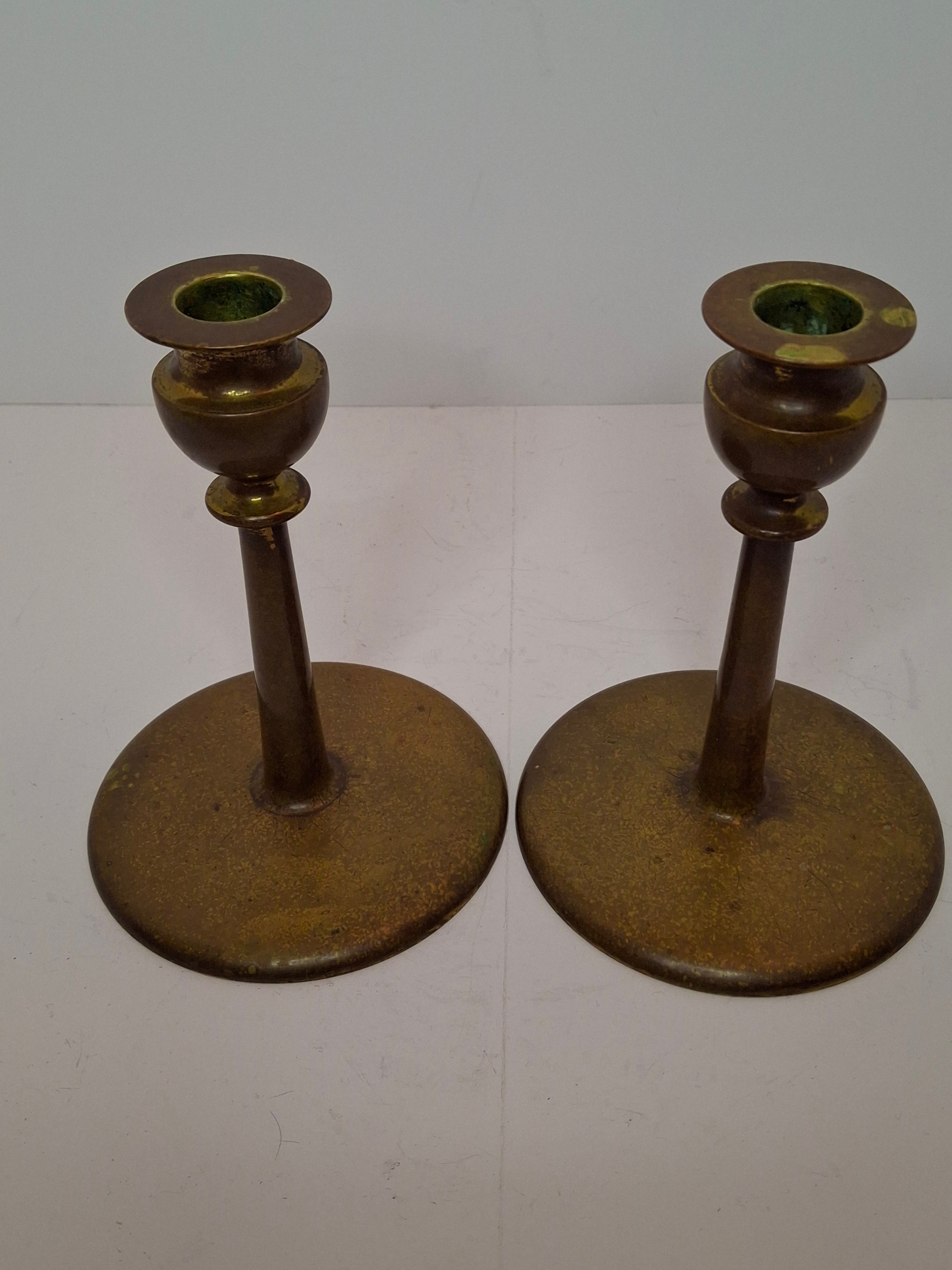 Pair Antique Eastern European Brass Shabbat Candlesticks with Verdigris Patina - Circa 1900 Polish Judaica, 6.5" Tall