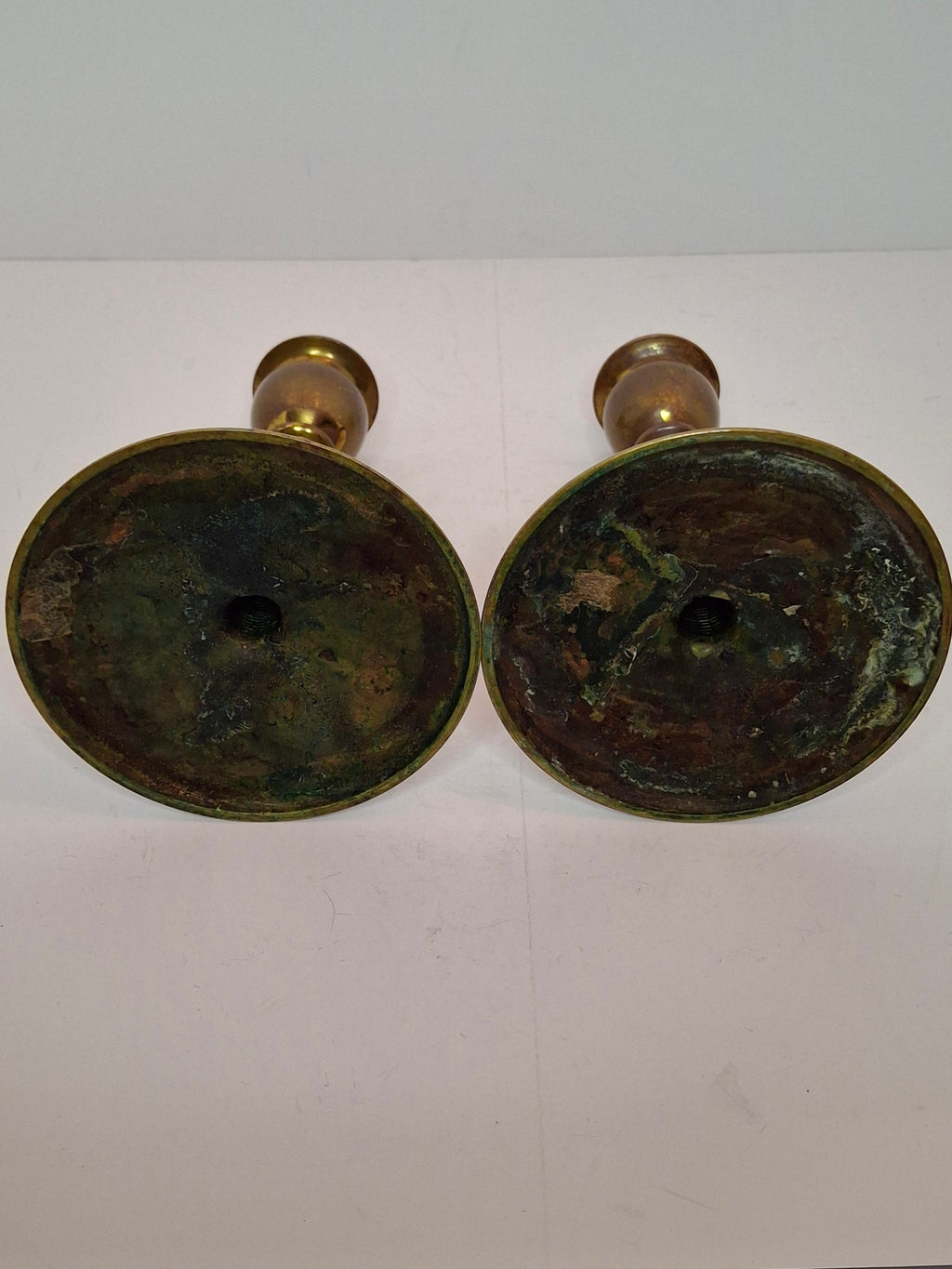Pair Antique Eastern European Brass Shabbat Candlesticks with Verdigris Patina - Circa 1900 Polish Judaica, 6.5" Tall