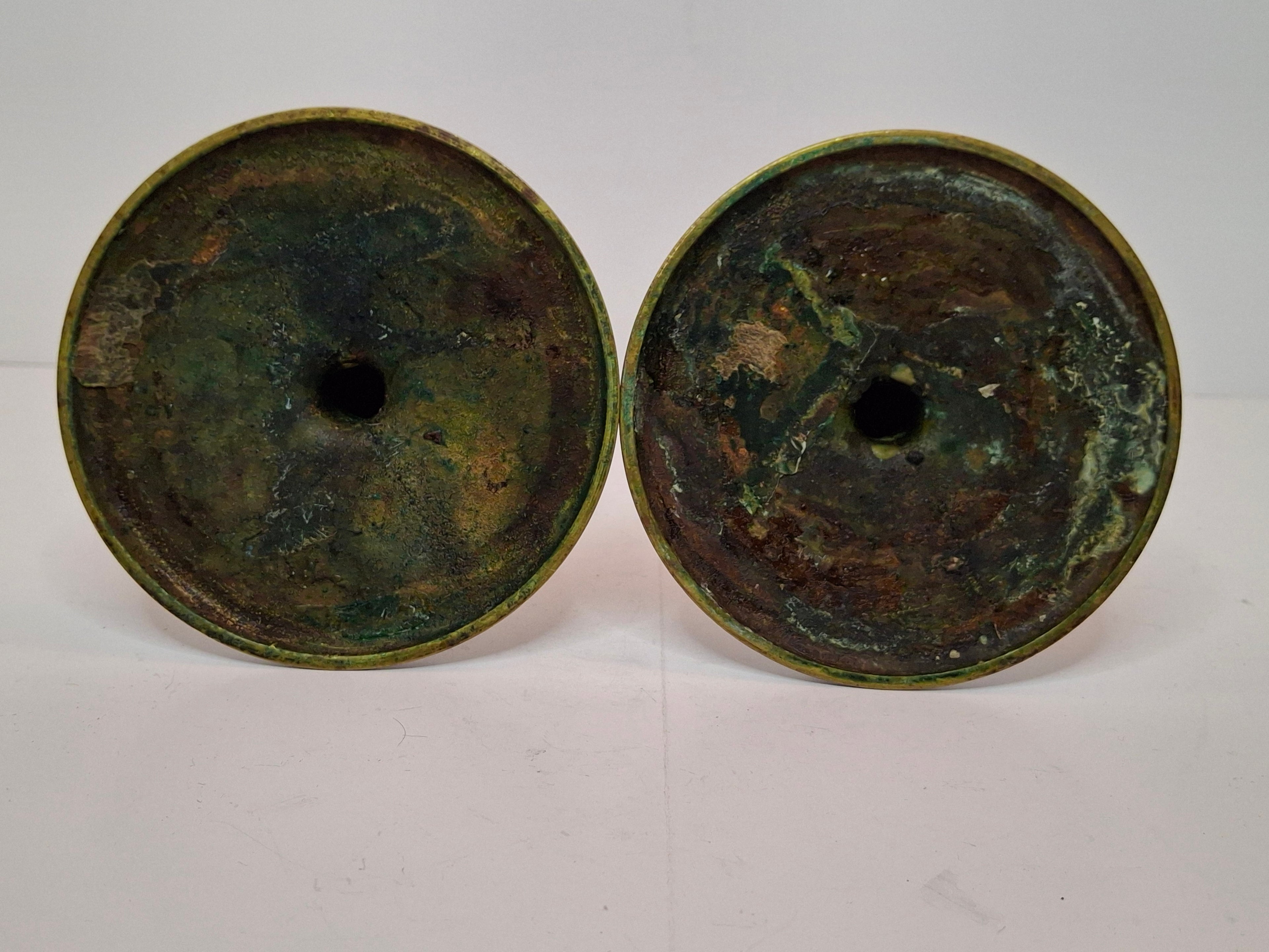 Pair Antique Eastern European Brass Shabbat Candlesticks with Verdigris Patina - Circa 1900 Polish Judaica, 6.5" Tall