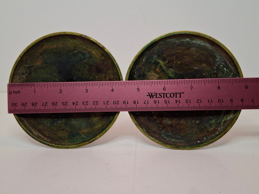 Pair Antique Eastern European Brass Shabbat Candlesticks with Verdigris Patina - Circa 1900 Polish Judaica, 6.5" Tall