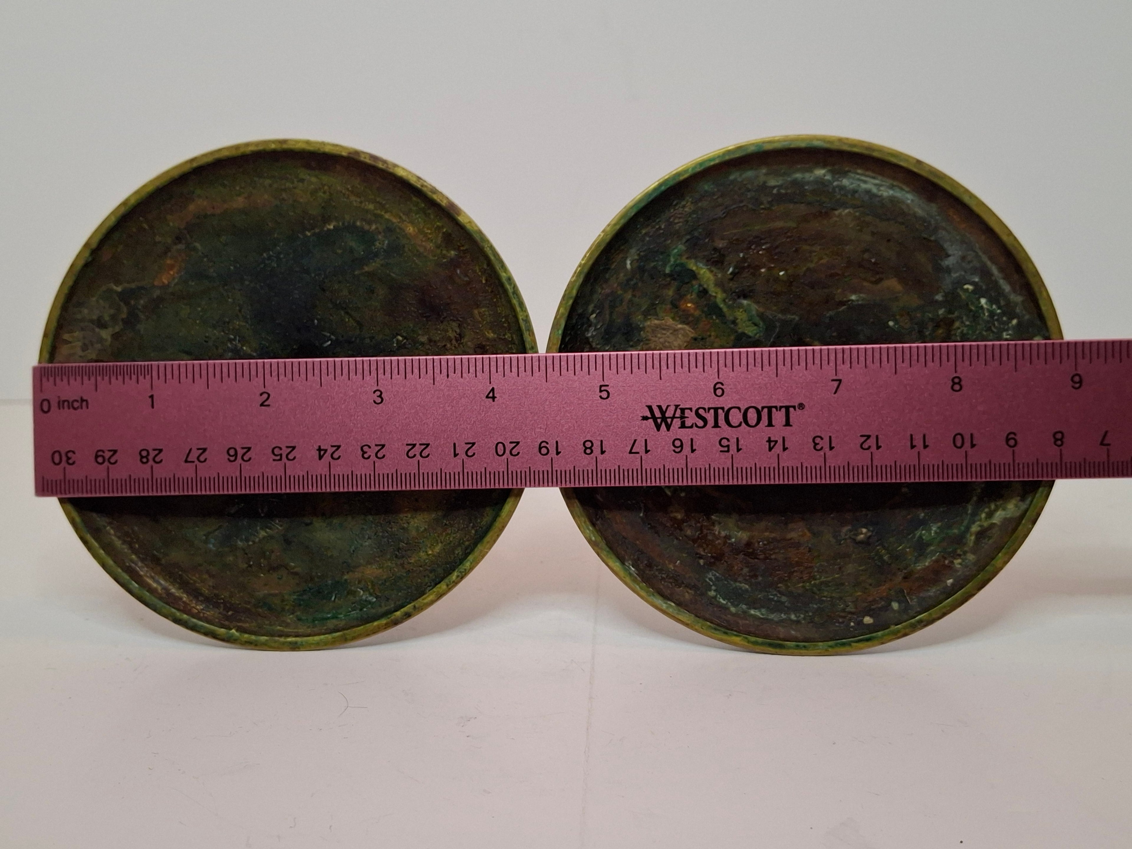 Pair Antique Eastern European Brass Shabbat Candlesticks with Verdigris Patina - Circa 1900 Polish Judaica, 6.5" Tall