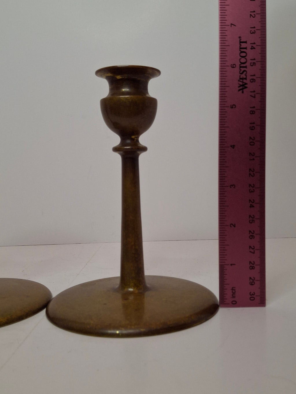 Pair Antique Eastern European Brass Shabbat Candlesticks with Verdigris Patina - Circa 1900 Polish Judaica, 6.5" Tall