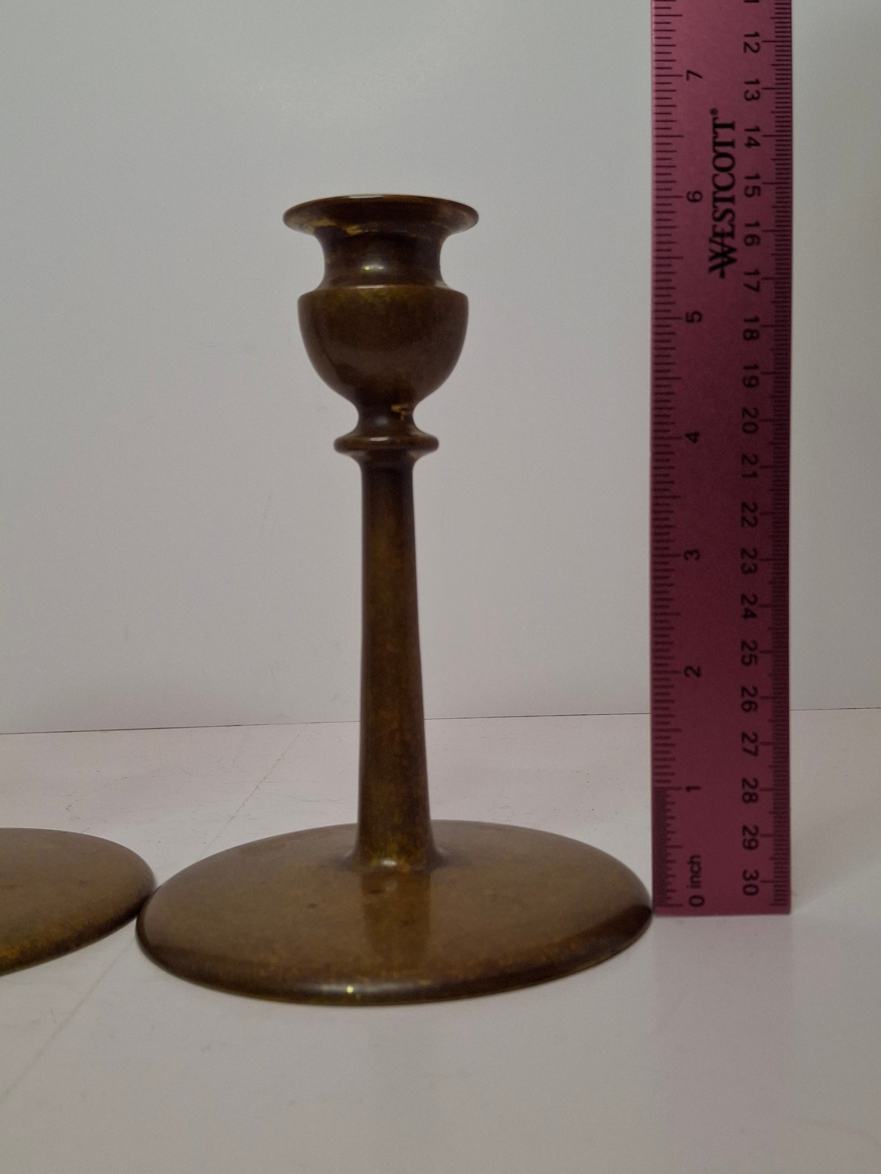Pair Antique Eastern European Brass Shabbat Candlesticks with Verdigris Patina - Circa 1900 Polish Judaica, 6.5" Tall